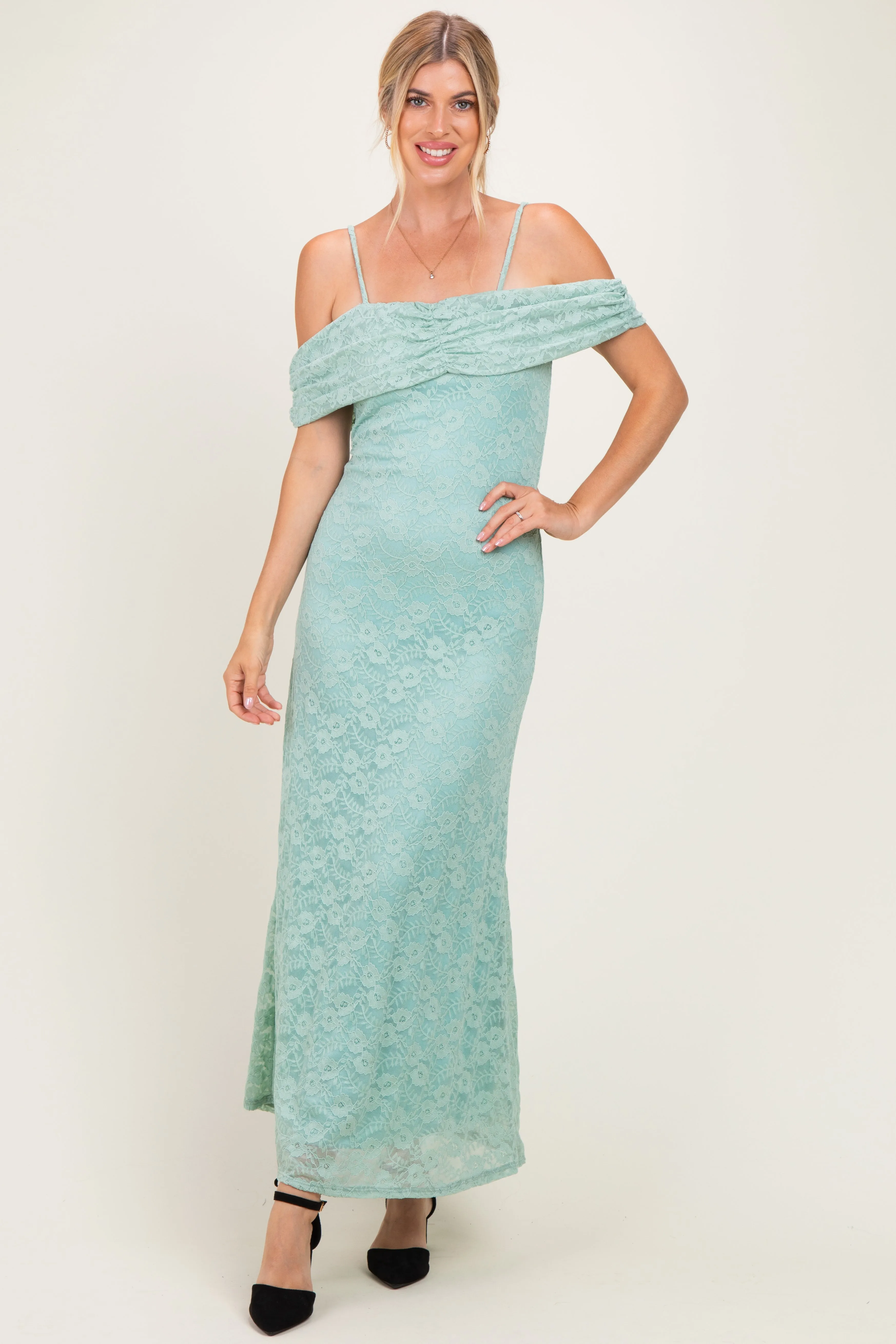 Seafoam Lace Off Shoulder Maxi Dress sold by Pinkblush