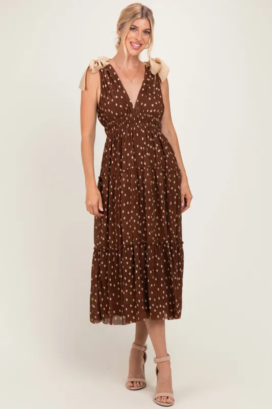 Brown Polka Dot Plisse Shoulder Tie Dress made by Storia