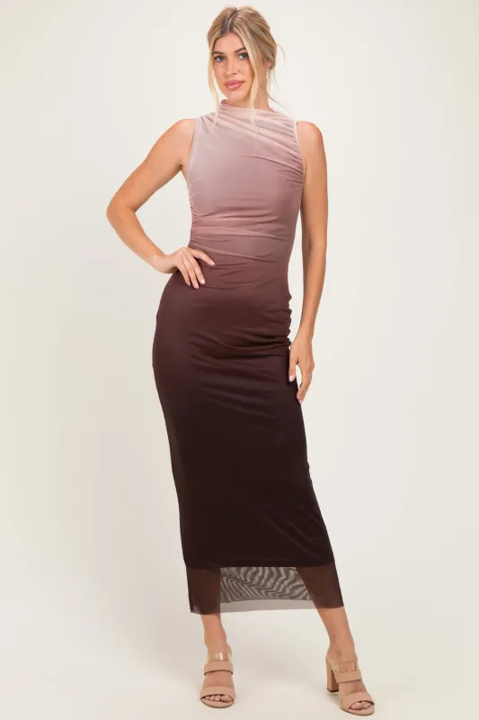 Coffee Ombre Mesh Ruched Sleeveless Midi Dress made by Fore Collection