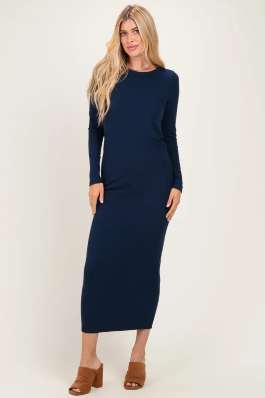 Navy Ribbed Fitted Long Sleeve Midi Dress made by Pinkblush
