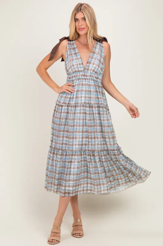 Blue Plaid Shoulder Tie Dress made by Storia
