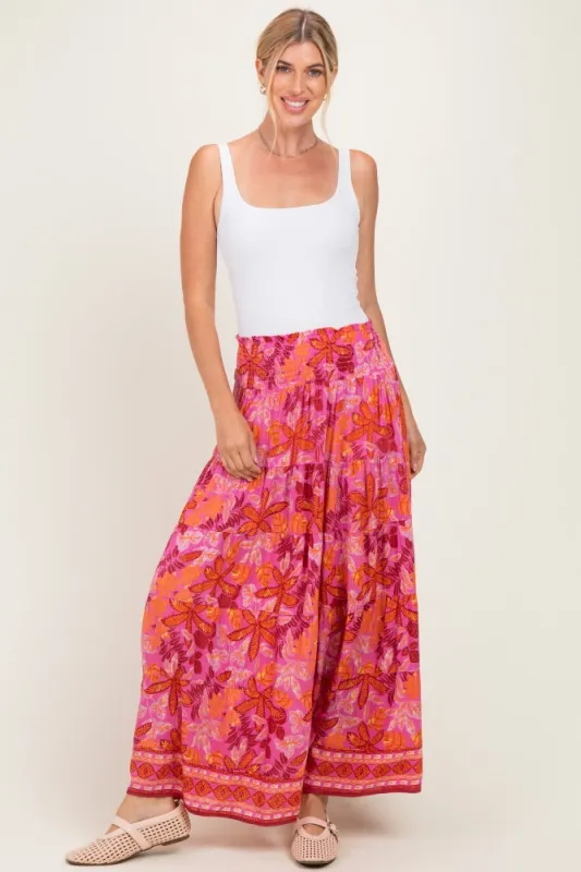Fuchsia Floral Tiered Smocked Waistband Maxi Skirt made by Angie