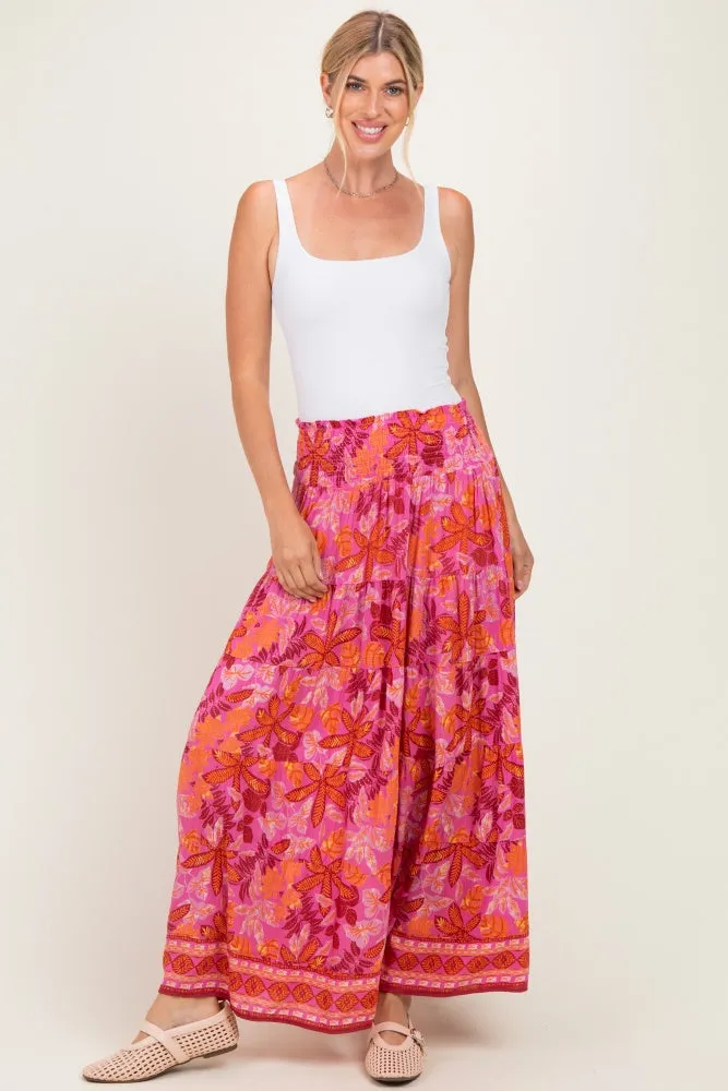 Fuchsia Floral Tiered Smocked Waistband Maxi Skirt sold by Pinkblush