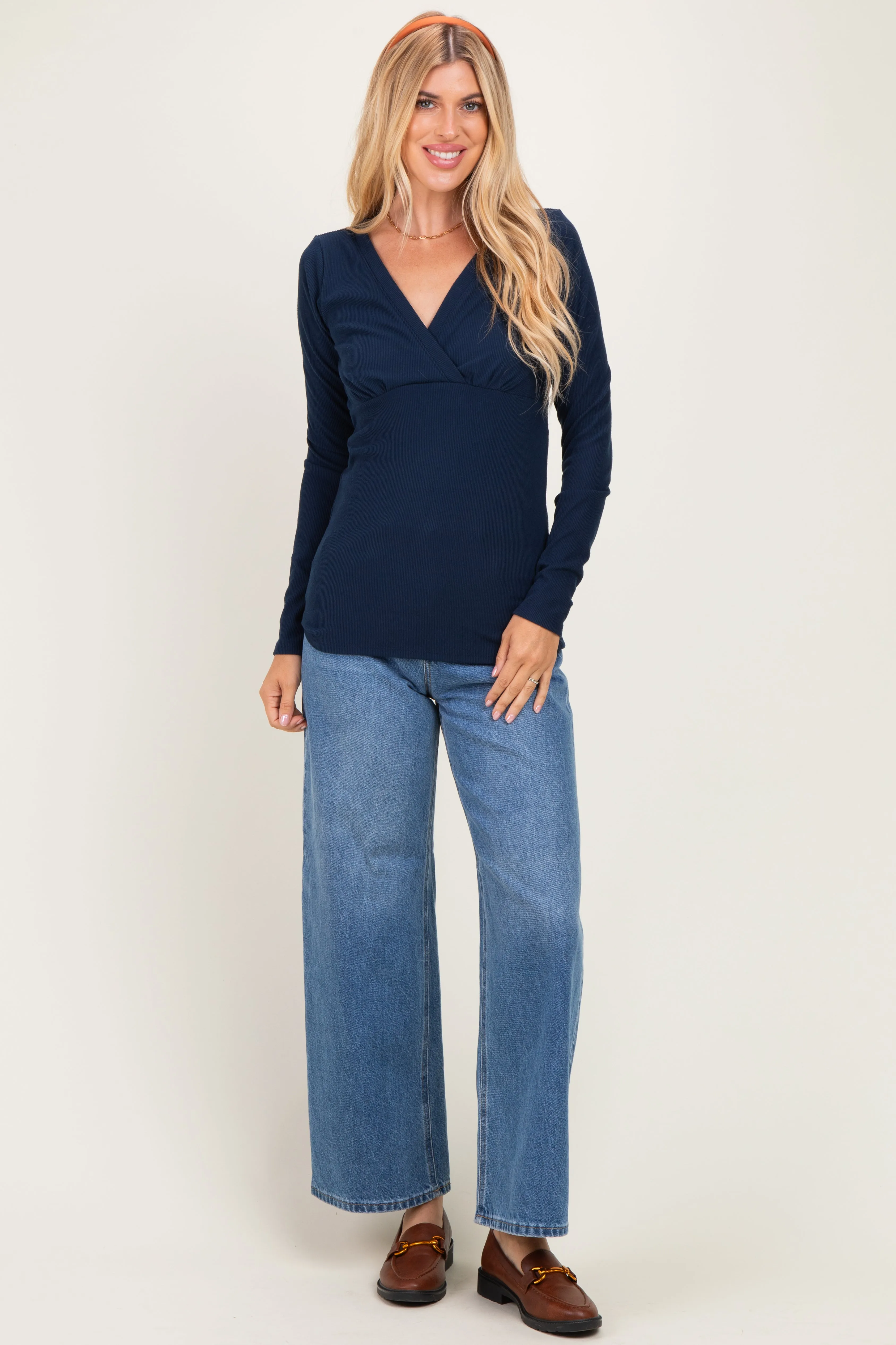 Navy Fitted Long Sleeve Wrap V-Neck Top sold by Pinkblush product image thumbnail 2