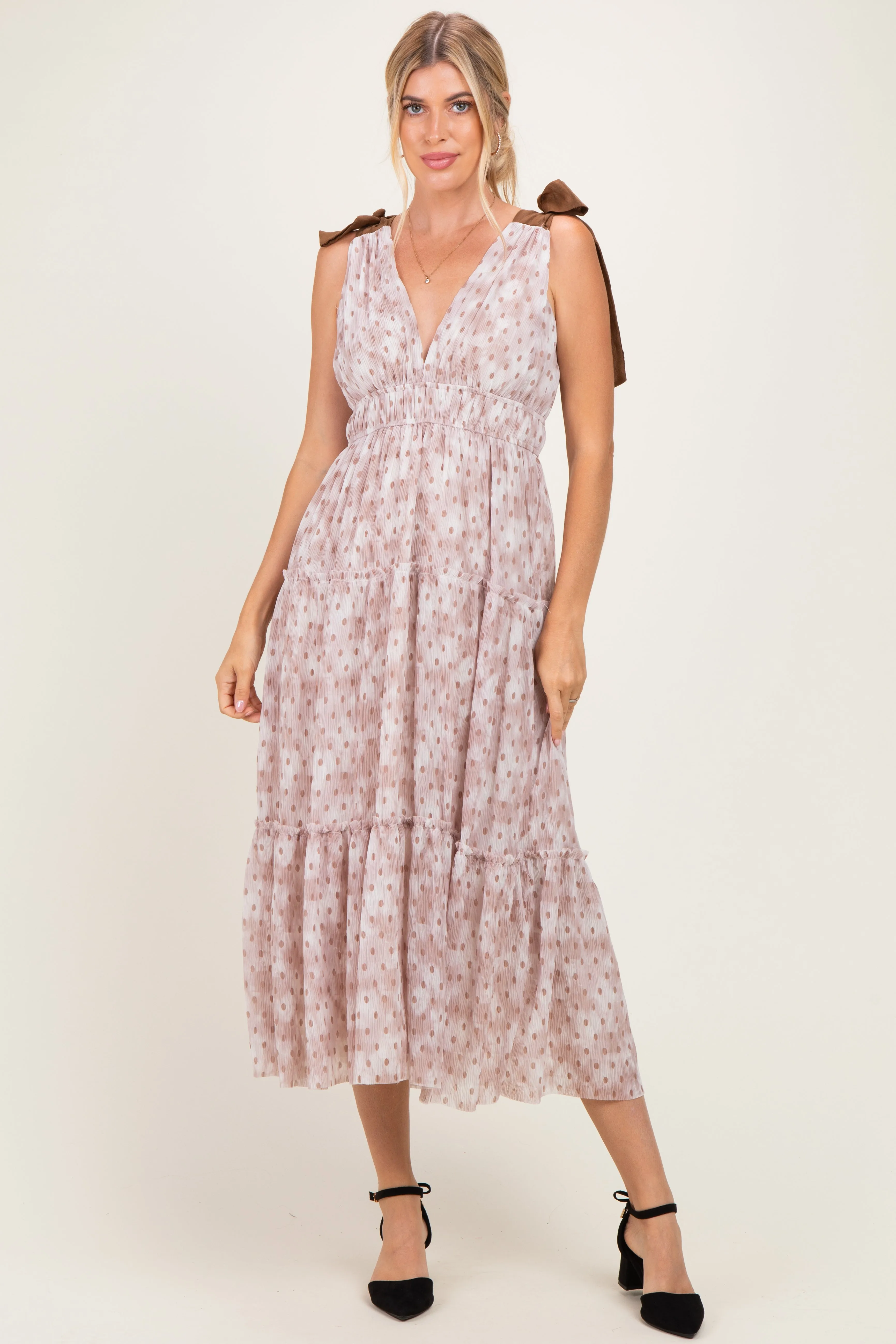 Ivory Floral Deep V Shoulder Tie Dress sold by Pinkblush