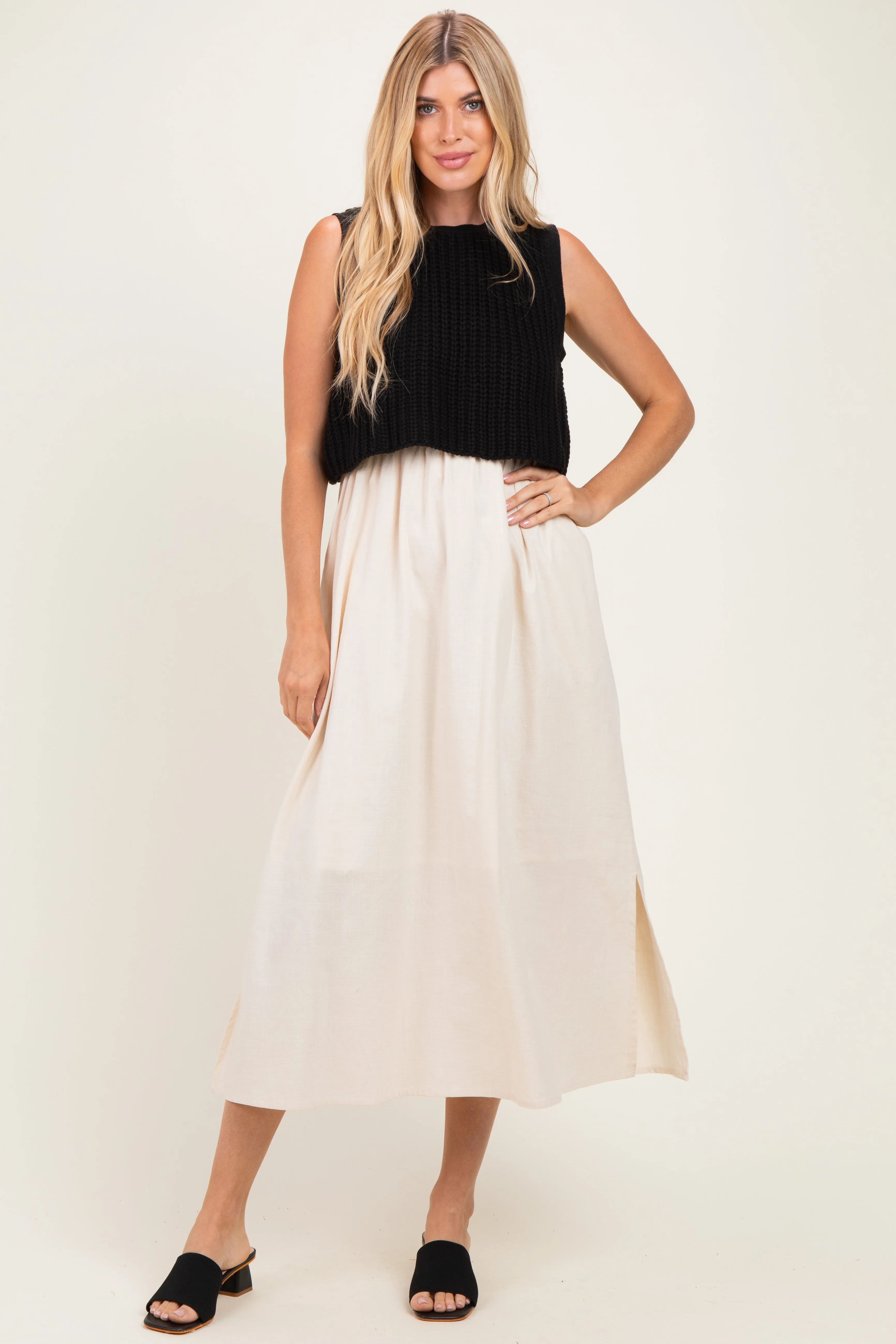 Black/ Cream Sleeveless Sweater Top Colorblock Midi Dress sold by Pinkblush