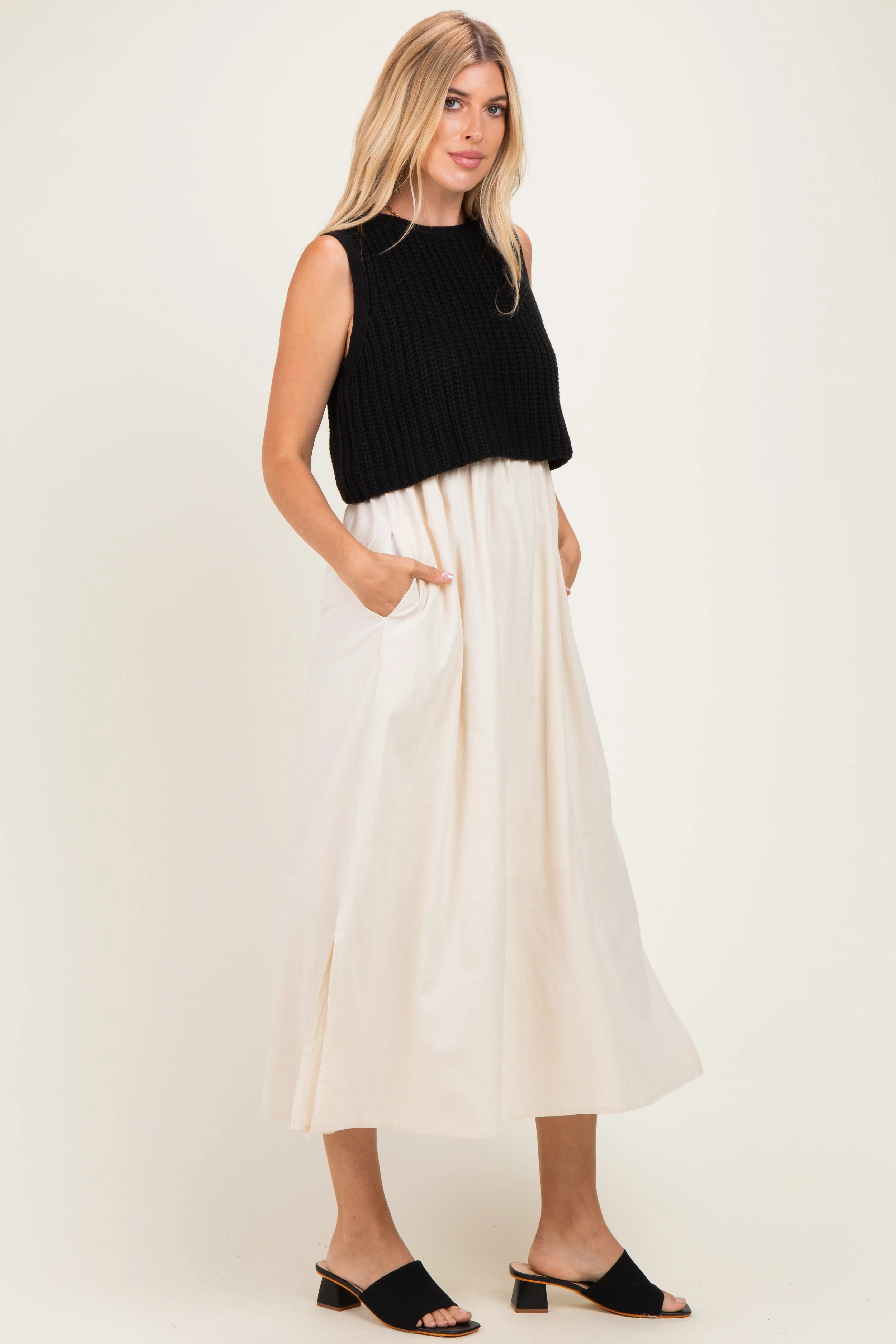 Black/ Cream Sleeveless Sweater Top Colorblock Midi Dress sold by Pinkblush product image thumbnail 2