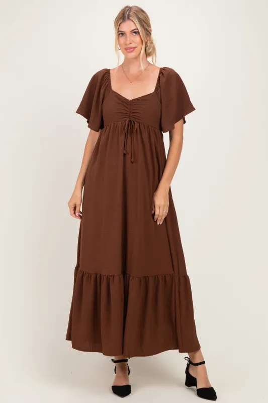 Brown Flutter Sleeve Ruffle Hem Maxi Dress made by Pinkblush