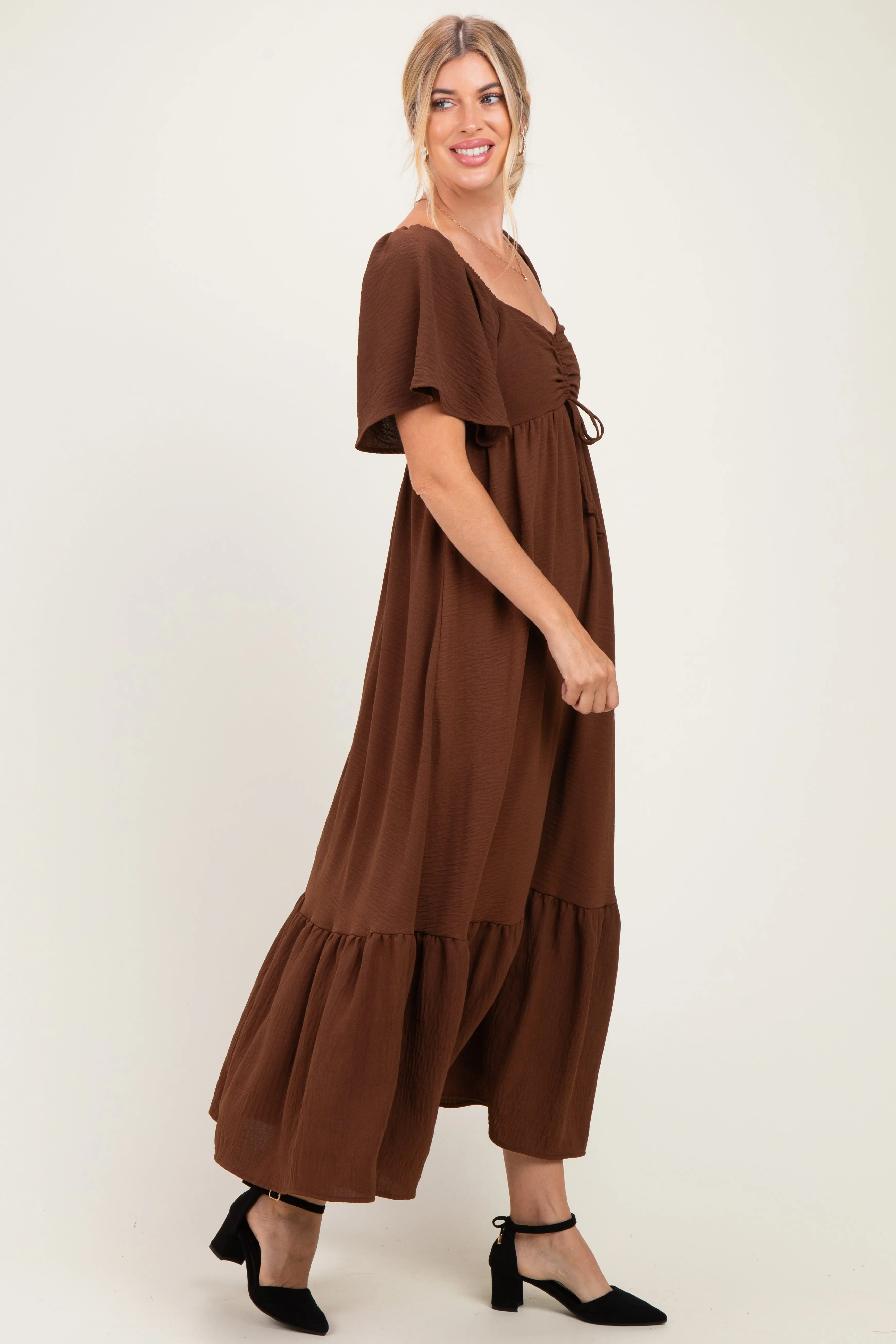 Brown Flutter Sleeve Ruffle Hem Maxi Dress sold by Pinkblush product image thumbnail 2