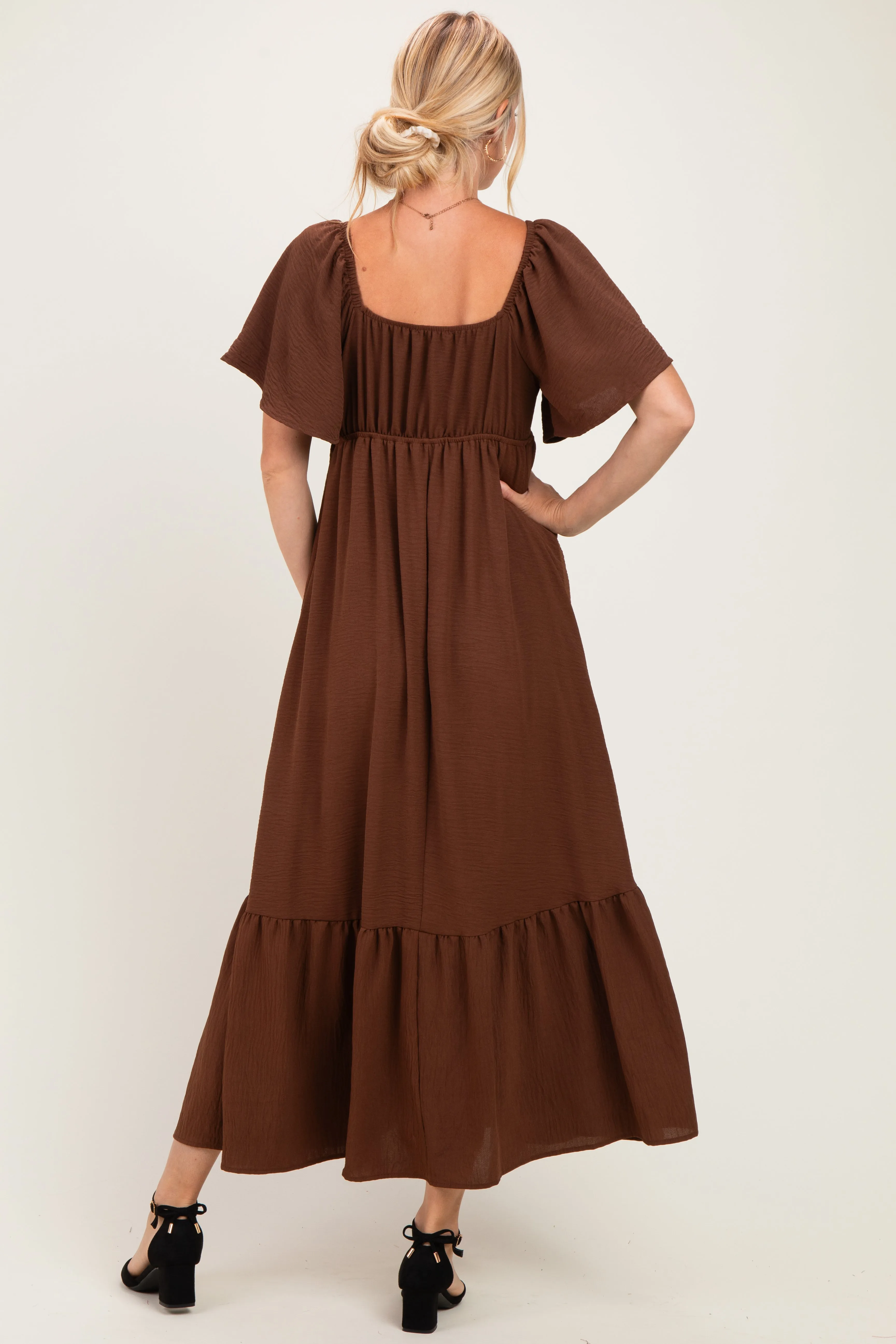 Brown Flutter Sleeve Ruffle Hem Maxi Dress sold by Pinkblush product image thumbnail 3