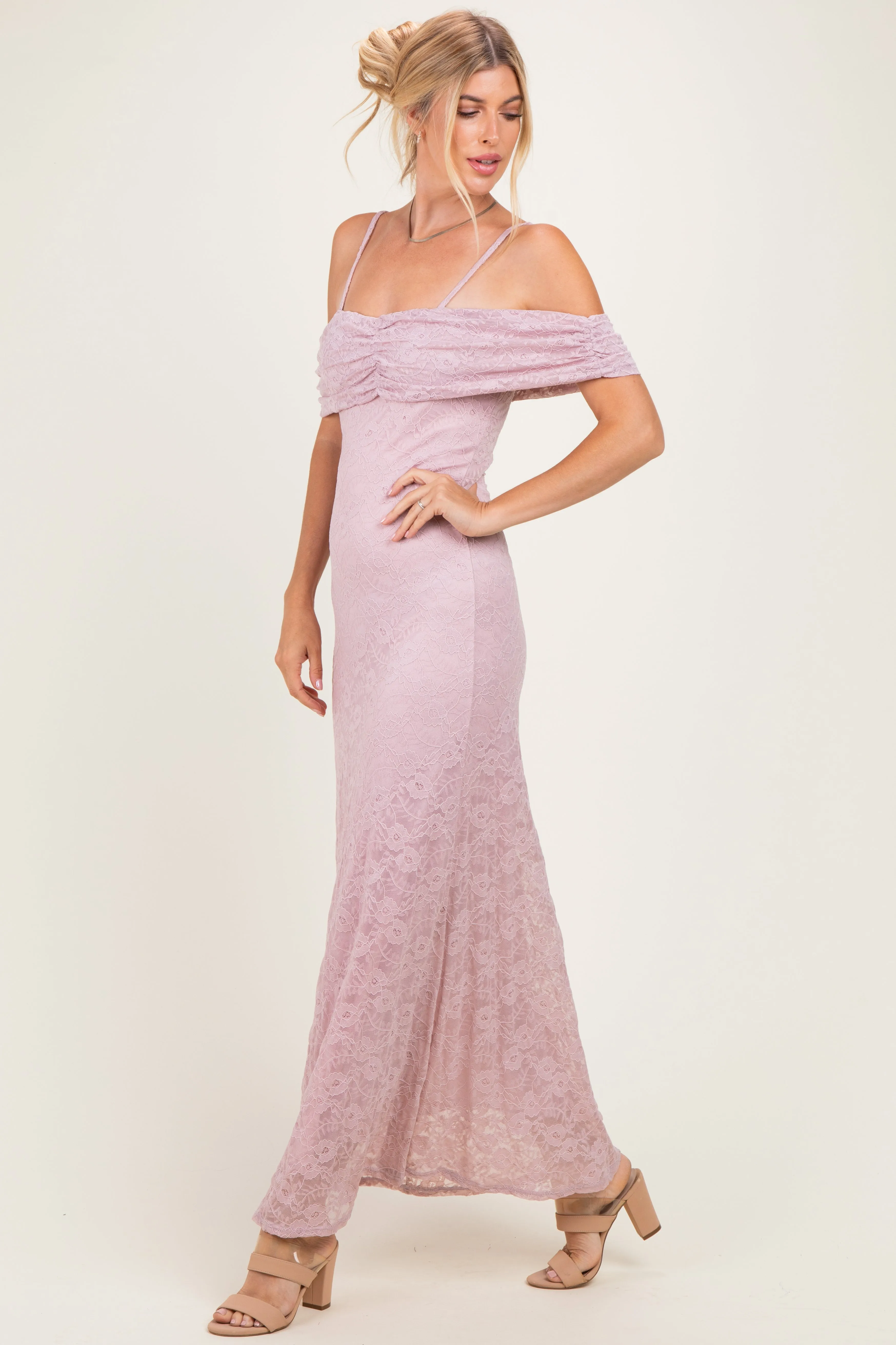 Light Pink Lace Off Shoulder Maxi Dress sold by Pinkblush product image thumbnail 2
