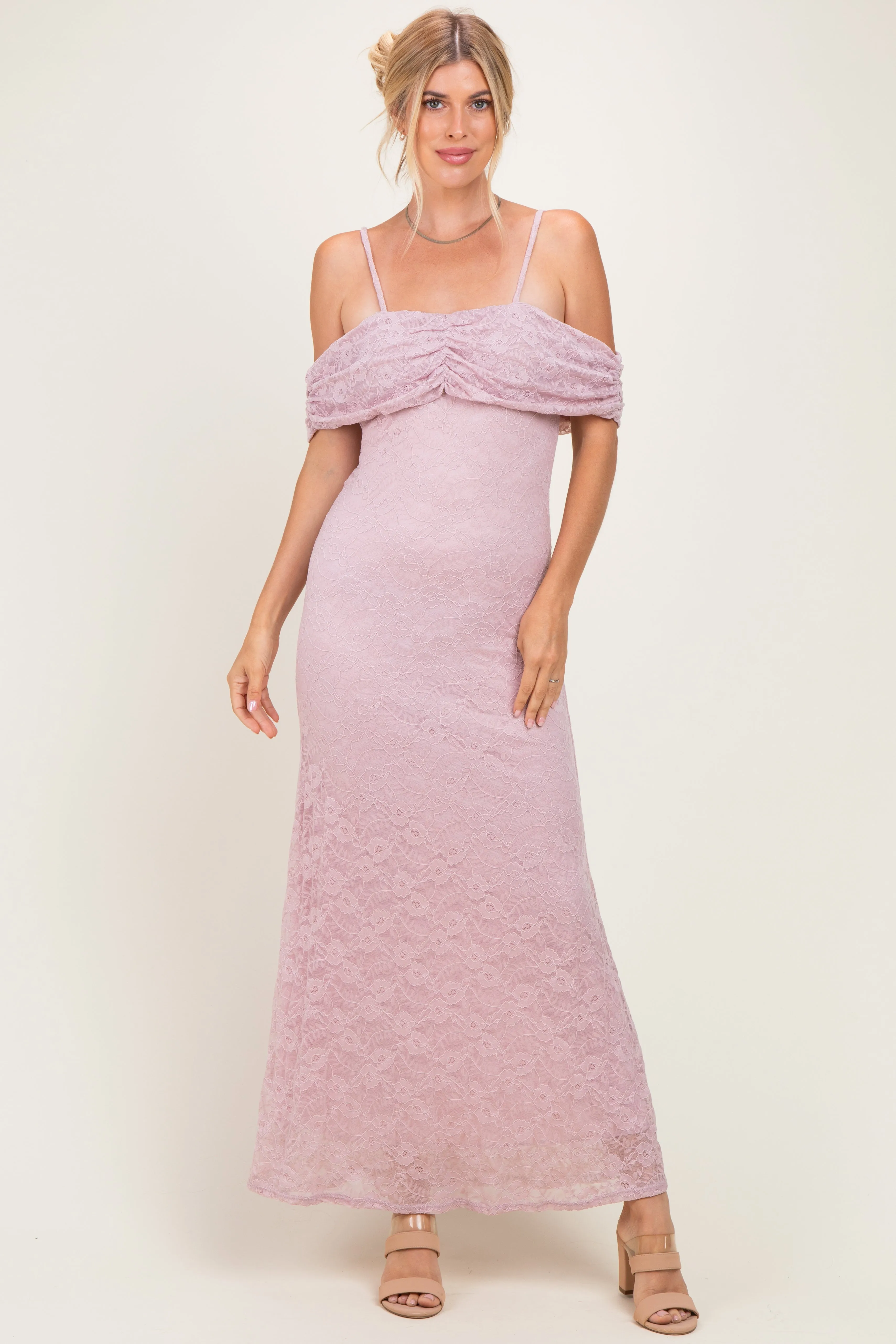 Light Pink Lace Off Shoulder Maxi Dress sold by Pinkblush