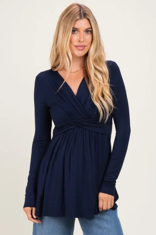 PinkBlush Navy Long Sleeve Draped Front Nursing Top made by Pinkblush