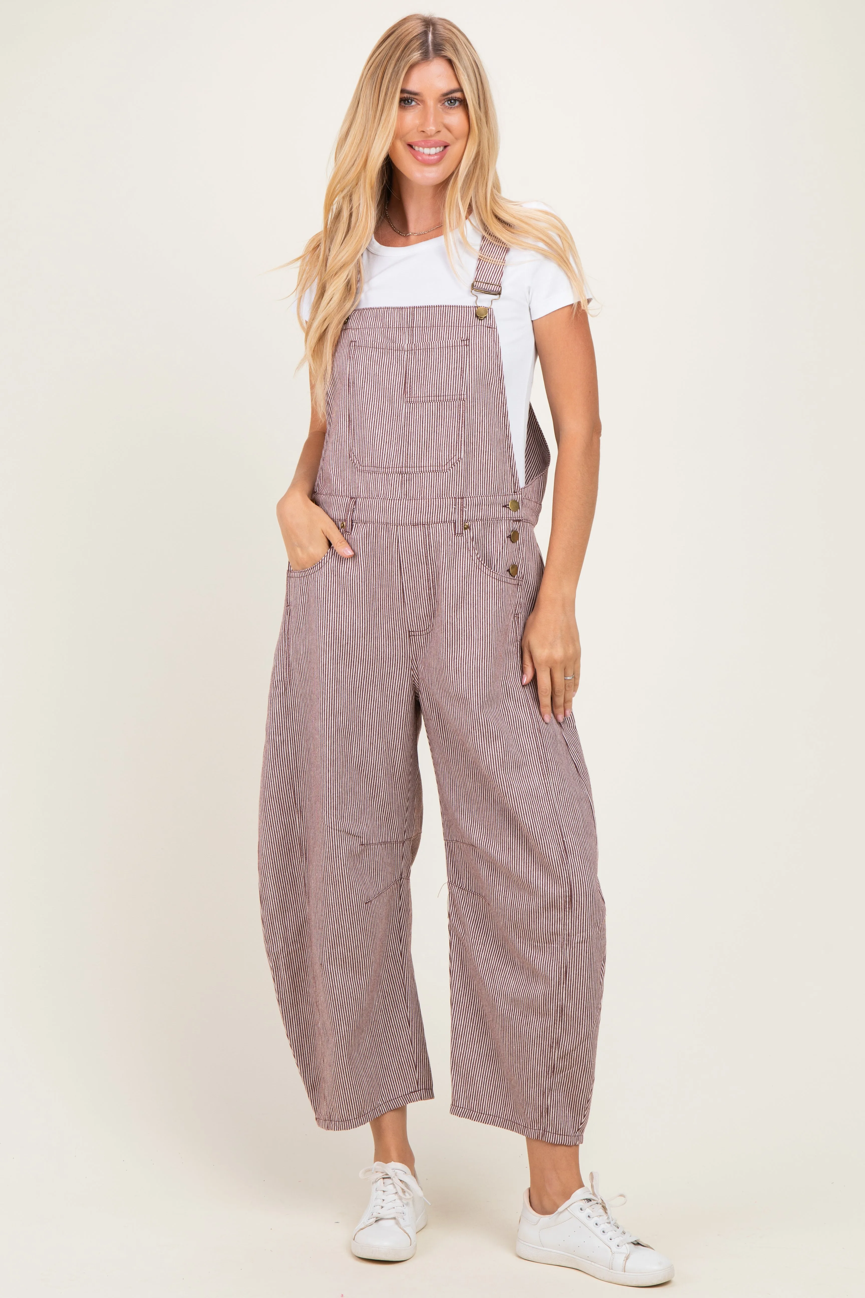 Brown Pinstriped Barrel-Leg Overalls sold by Pinkblush