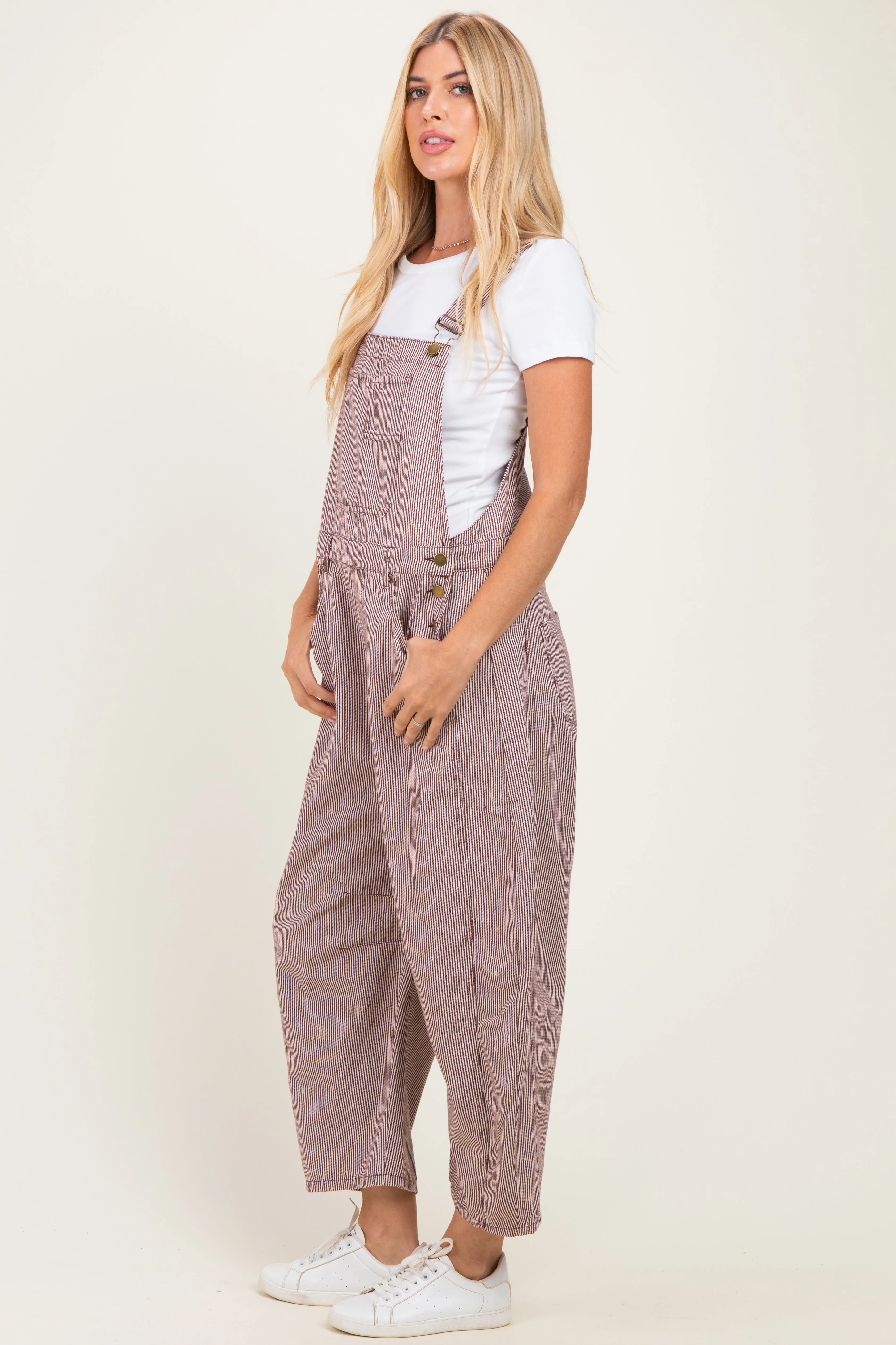 Brown Pinstriped Barrel-Leg Overalls sold by Pinkblush product image thumbnail 2