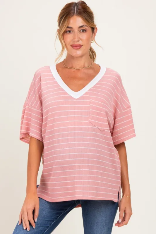 Coral Striped Short Sleeve V-Neck Maternity Top made by Pinkblush