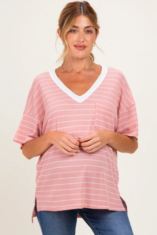 Coral Striped Short Sleeve V-Neck Maternity Top sold by Pinkblush product image thumbnail 2