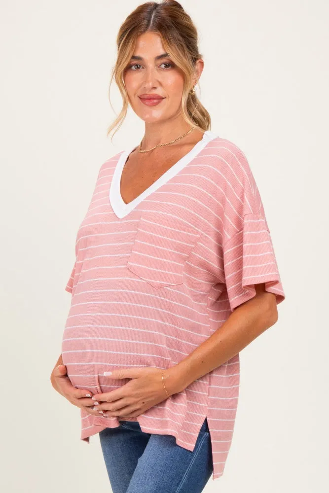 Coral Striped Short Sleeve V-Neck Maternity Top sold by Pinkblush product image thumbnail 3