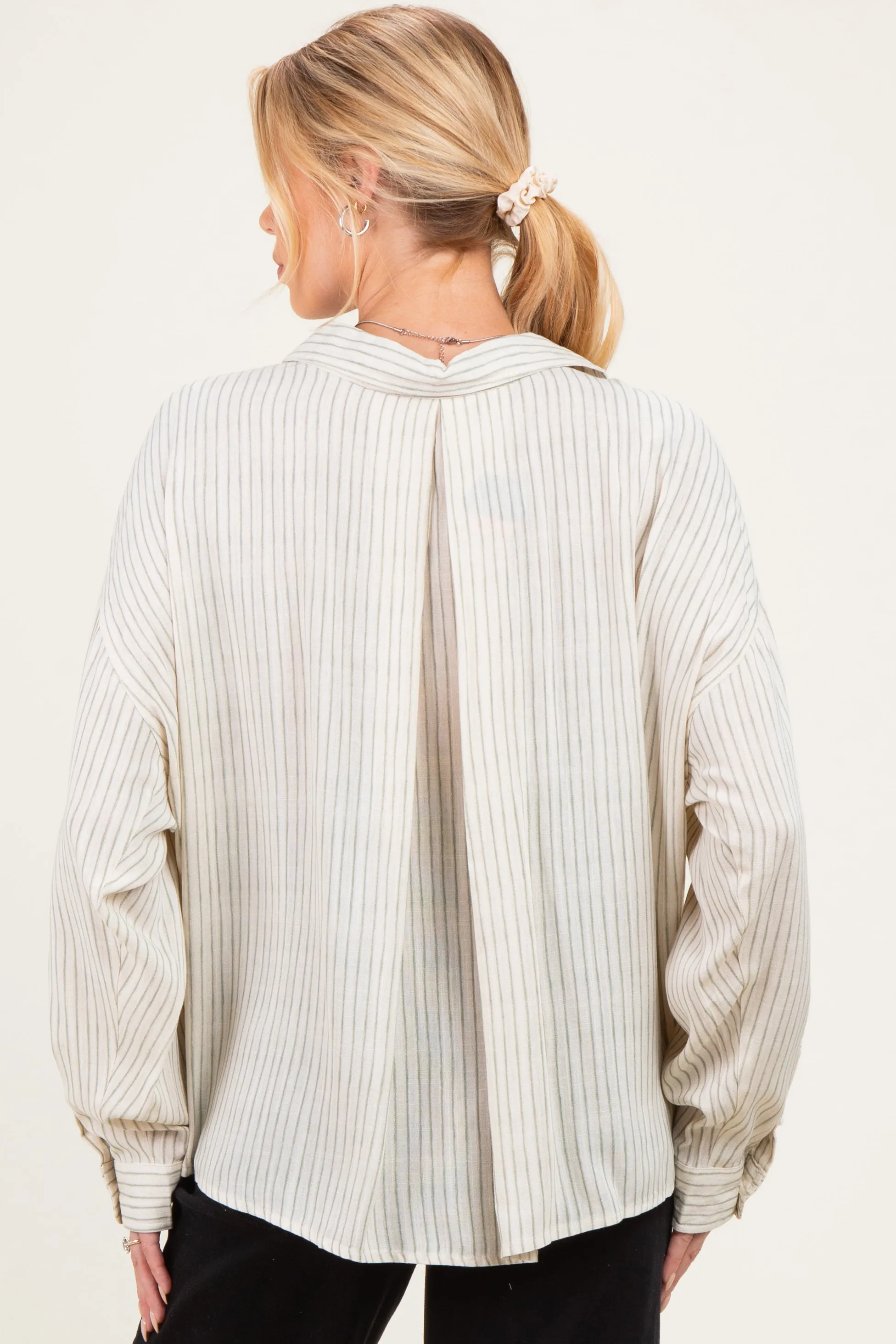 Sage Striped Oversized Sheer Linen Maternity Button Down sold by Pinkblush product image thumbnail 4