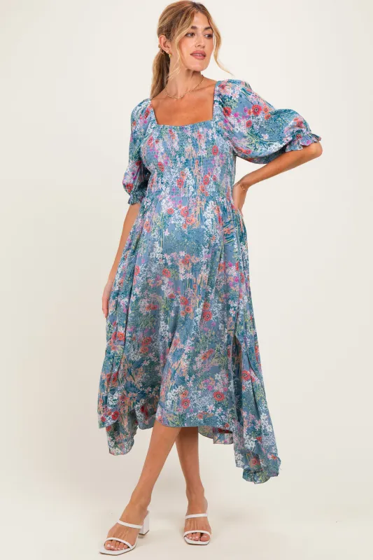 Teal Floral Smocked Handkerchief Hem Maternity Midi Dress made by Angie