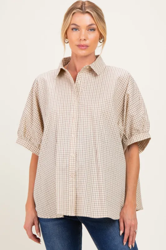 Oatmeal Oversized Check Plaid Maternity Button Down Shirt made by AnnieWear