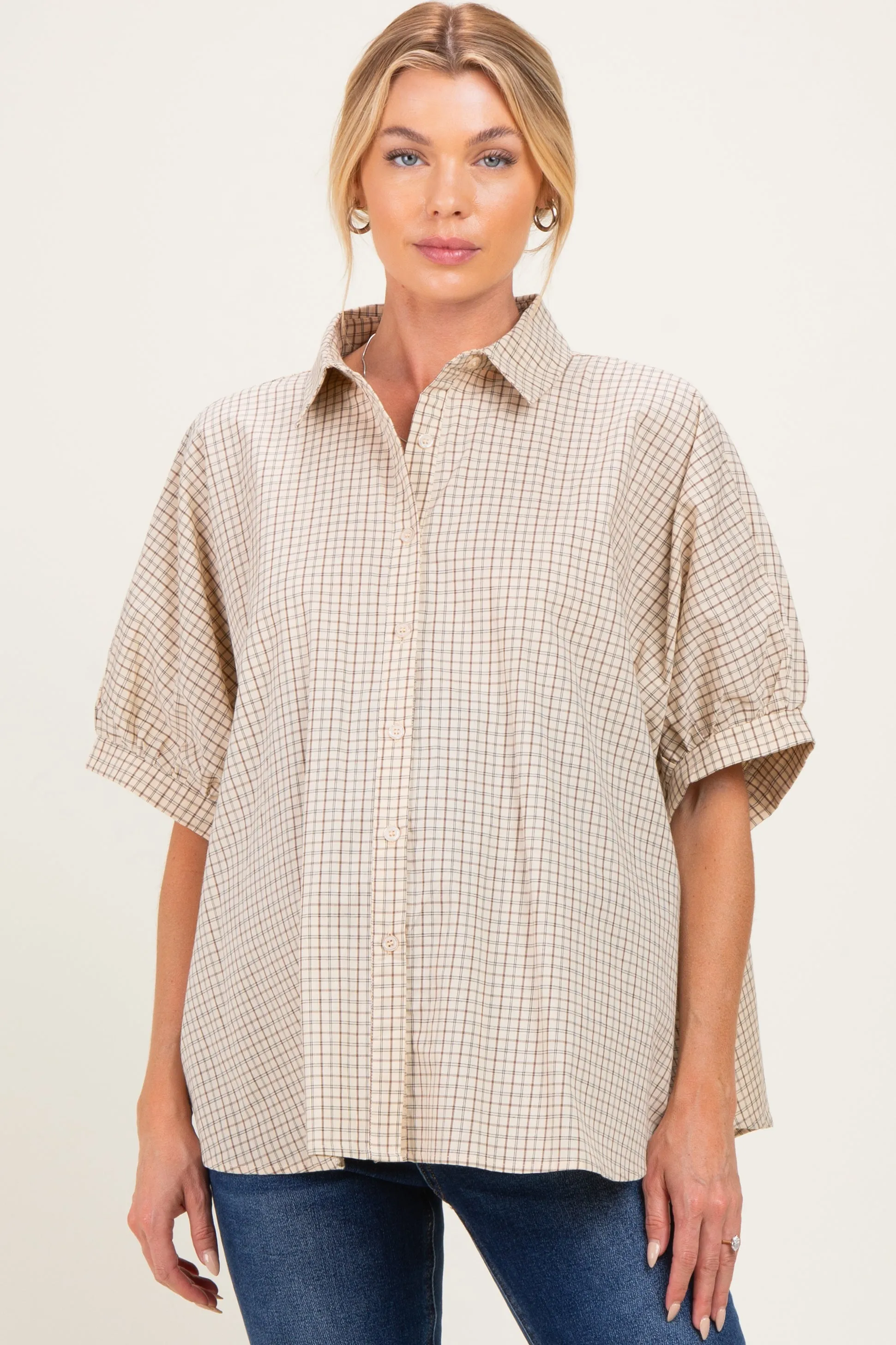 Oatmeal Oversized Check Plaid Maternity Button Down Shirt sold by Pinkblush