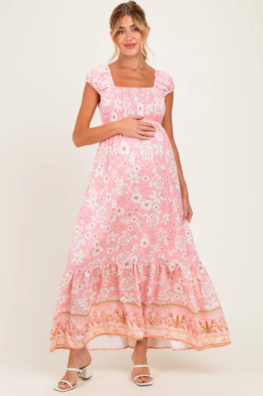 Pink Floral Smocked Maternity Maxi Dress made by AnnieWear
