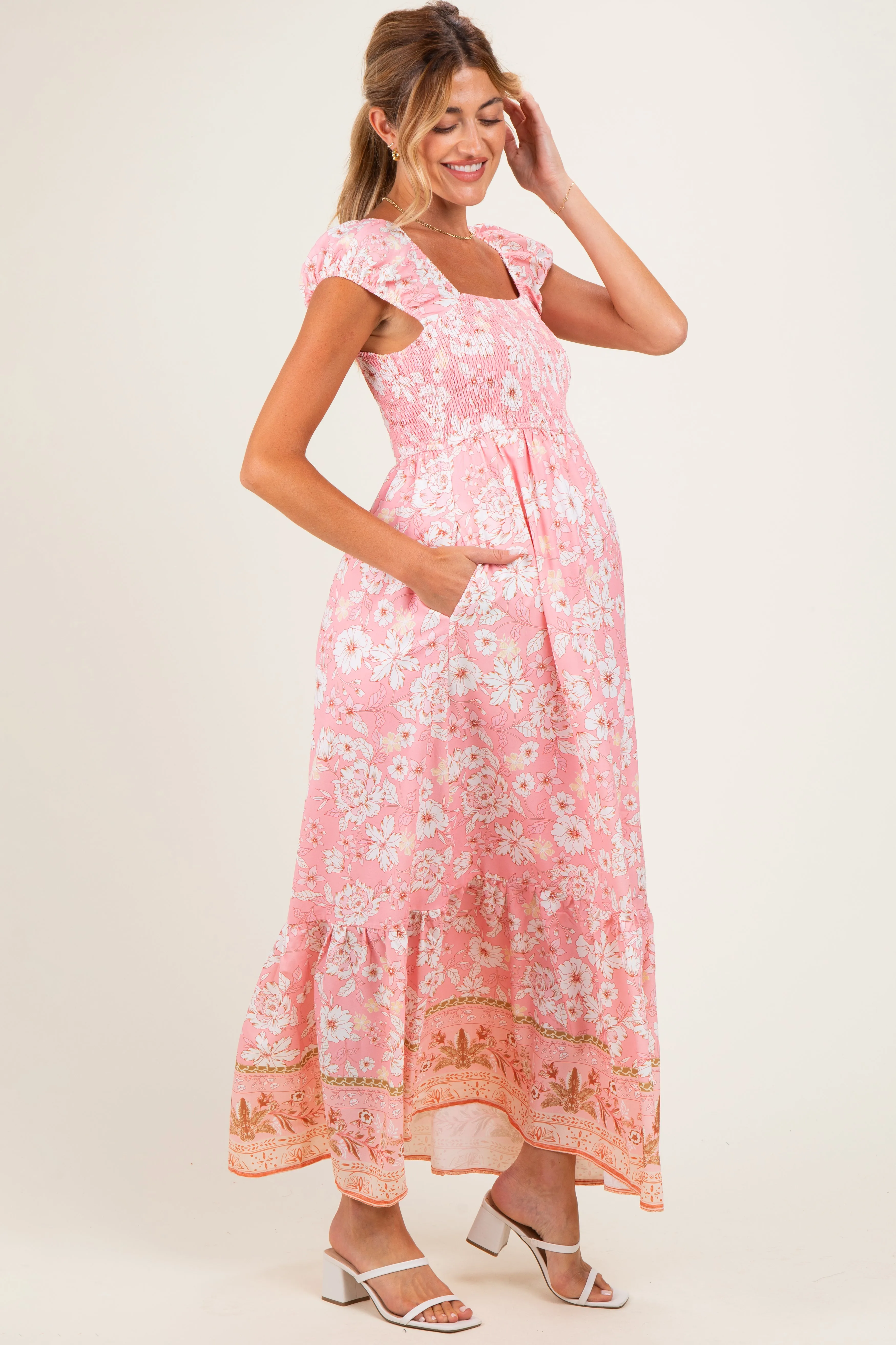 Pink Floral Smocked Maternity Maxi Dress sold by Pinkblush product image thumbnail 2