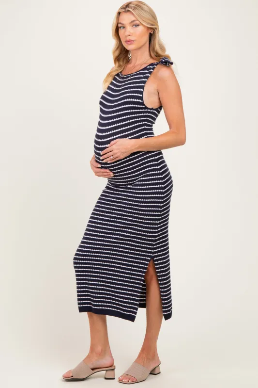 Oatmeal Striped Knit Shoulder Tie Maternity Maxi Dress made by Able