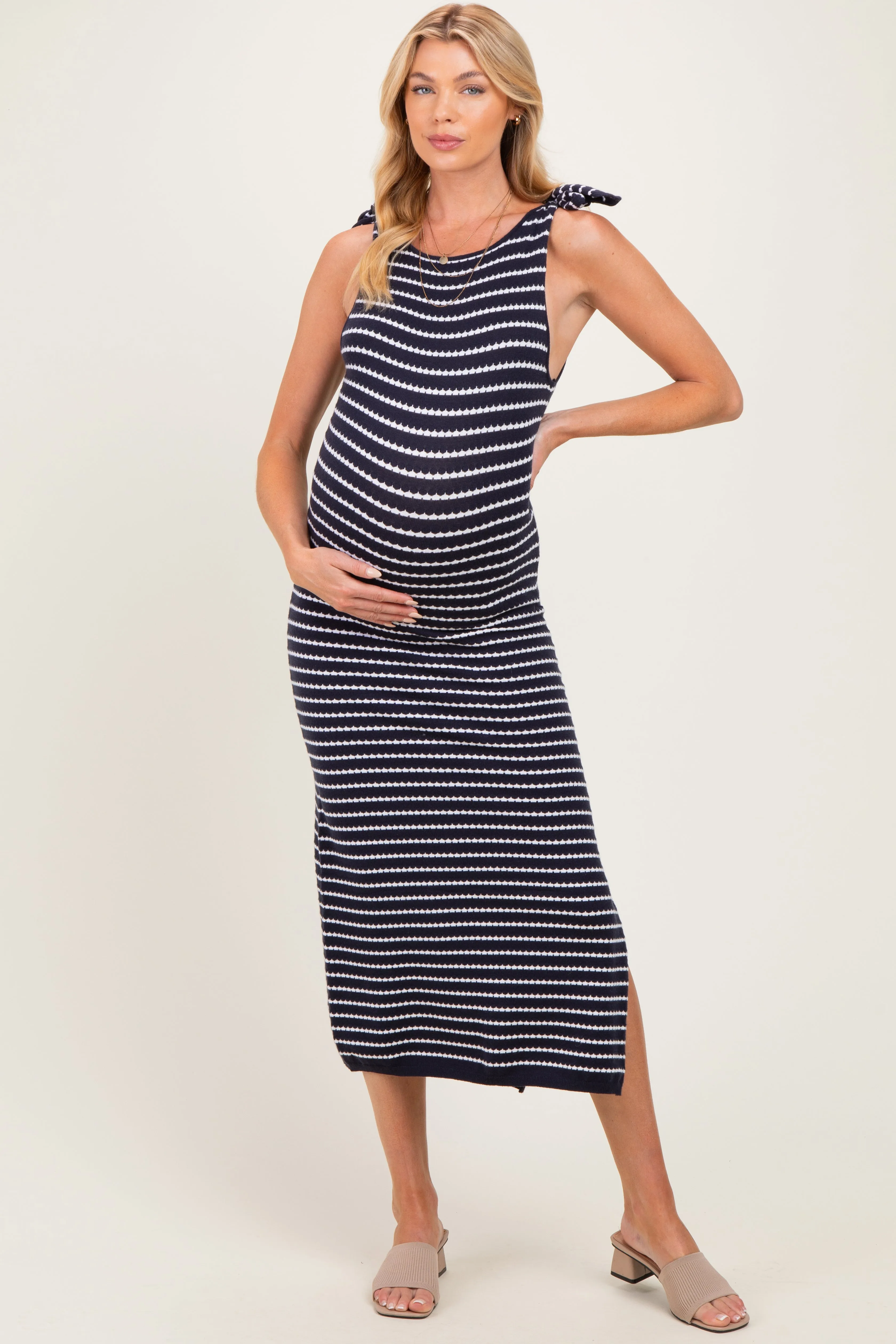 Oatmeal Striped Knit Shoulder Tie Maternity Maxi Dress sold by Pinkblush product image thumbnail 2