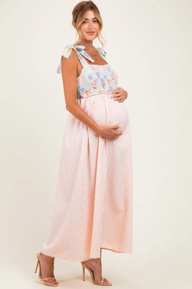 Pink Striped Sleeveless Smocked Floral Maternity Maxi Dress sold by Pinkblush product image thumbnail 3
