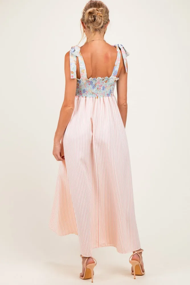 Pink Striped Sleeveless Smocked Floral Maternity Maxi Dress sold by Pinkblush product image thumbnail 4