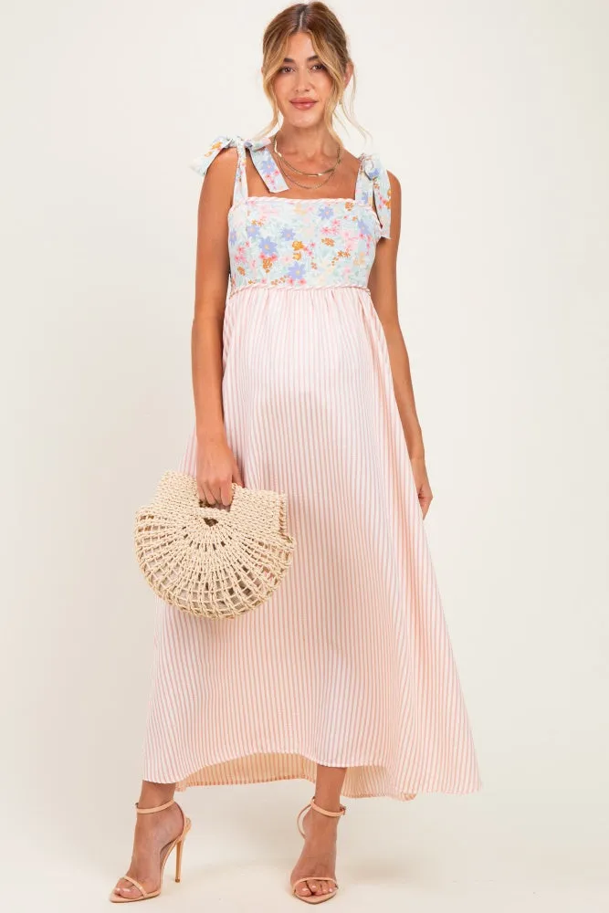 Pink Striped Sleeveless Smocked Floral Maternity Maxi Dress sold by Pinkblush