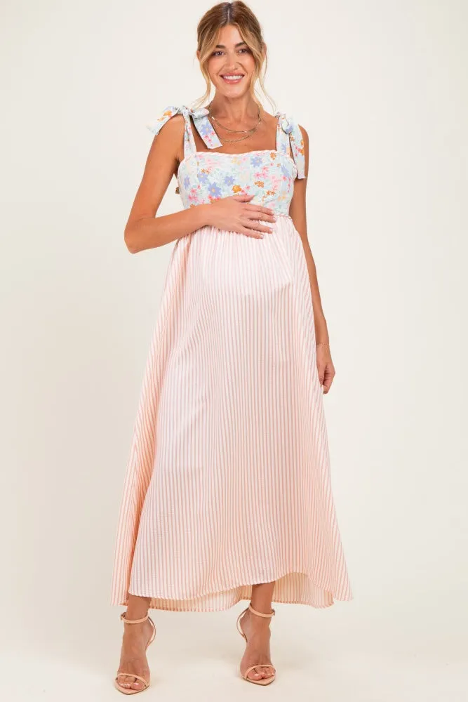 Pink Striped Sleeveless Smocked Floral Maternity Maxi Dress sold by Pinkblush product image thumbnail 2