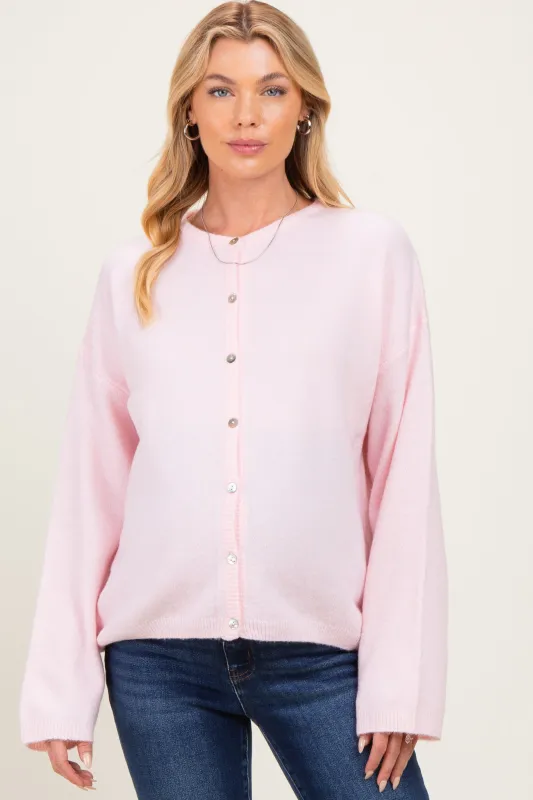 Light Pink Long Sleeve Crew Neck Maternity Cardigan made by Le Lis
