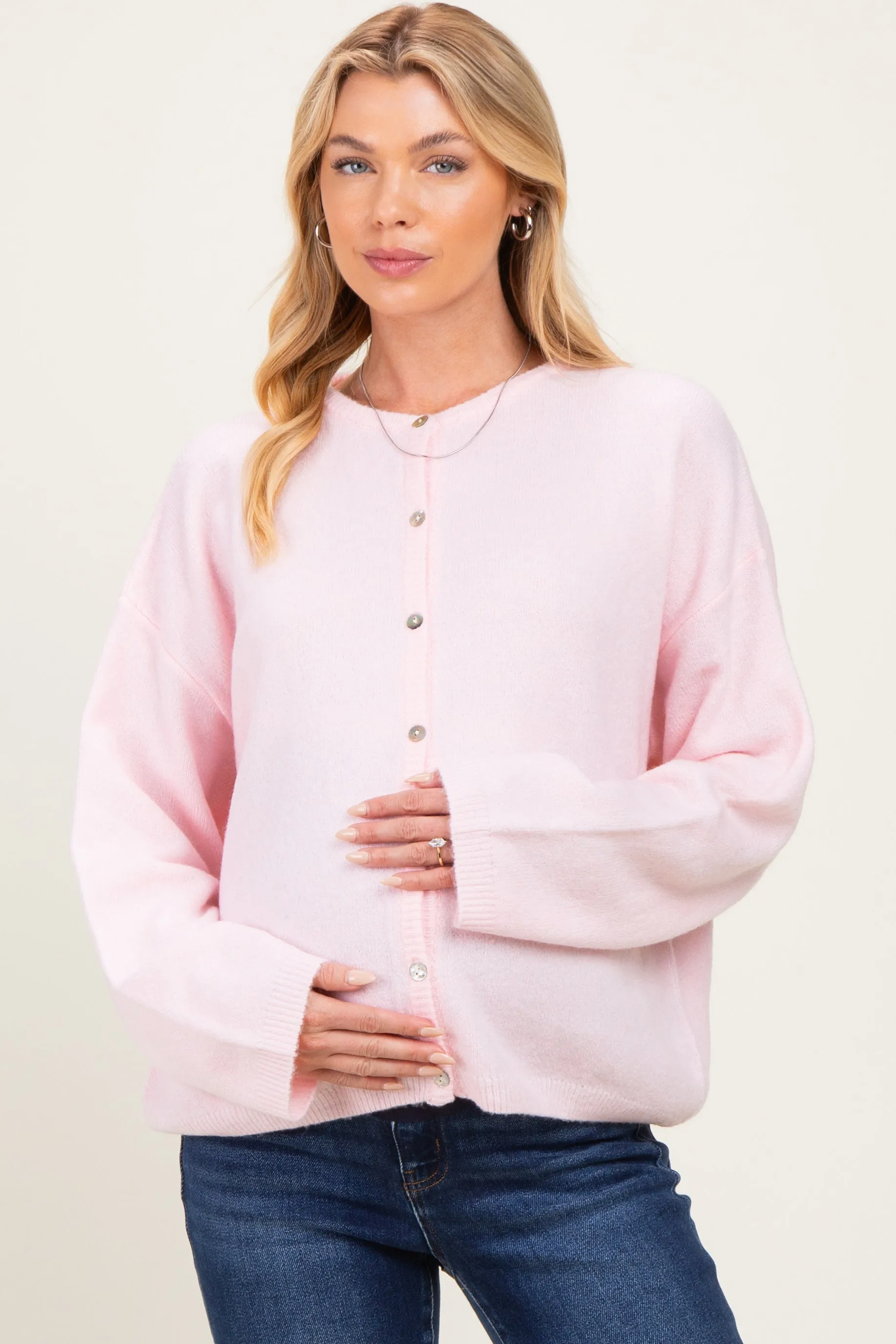 Light Pink Long Sleeve Crew Neck Maternity Cardigan sold by Pinkblush product image thumbnail 2