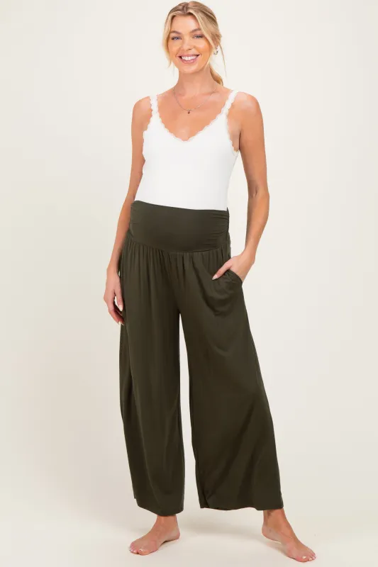 Olive Wide Waist Band Maternity Wide Leg Maternity Pants made by Final Touch