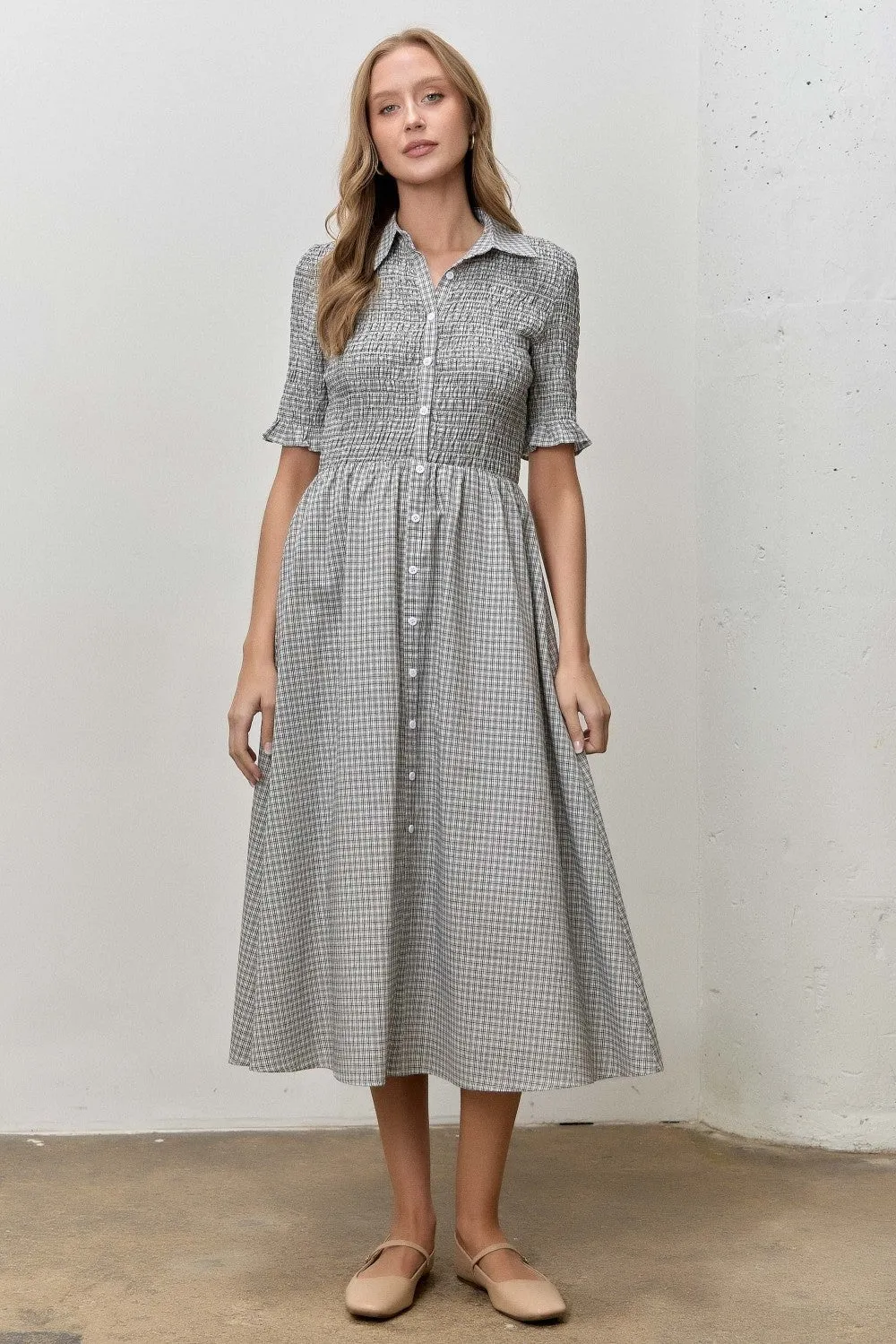 Black Gingham Smocked Button Down Maternity Midi Dress sold by Pinkblush product image thumbnail 4