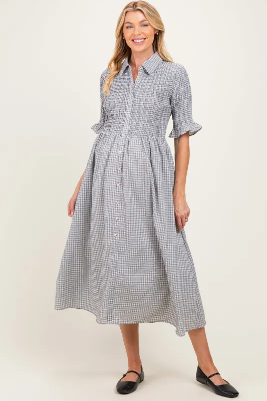 Black Gingham Smocked Button Down Maternity Midi Dress made by Polagram