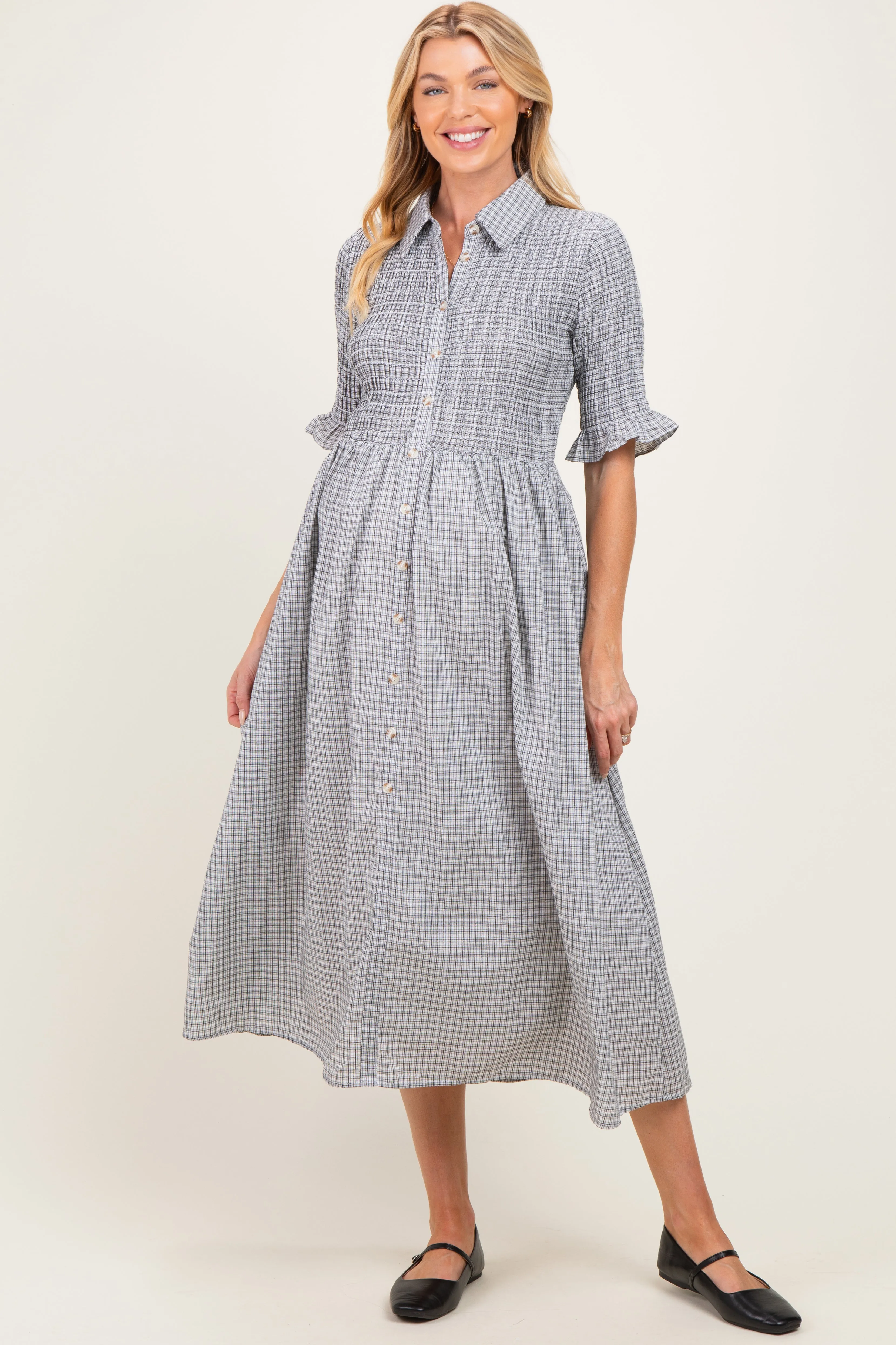 Black Gingham Smocked Button Down Maternity Midi Dress sold by Pinkblush