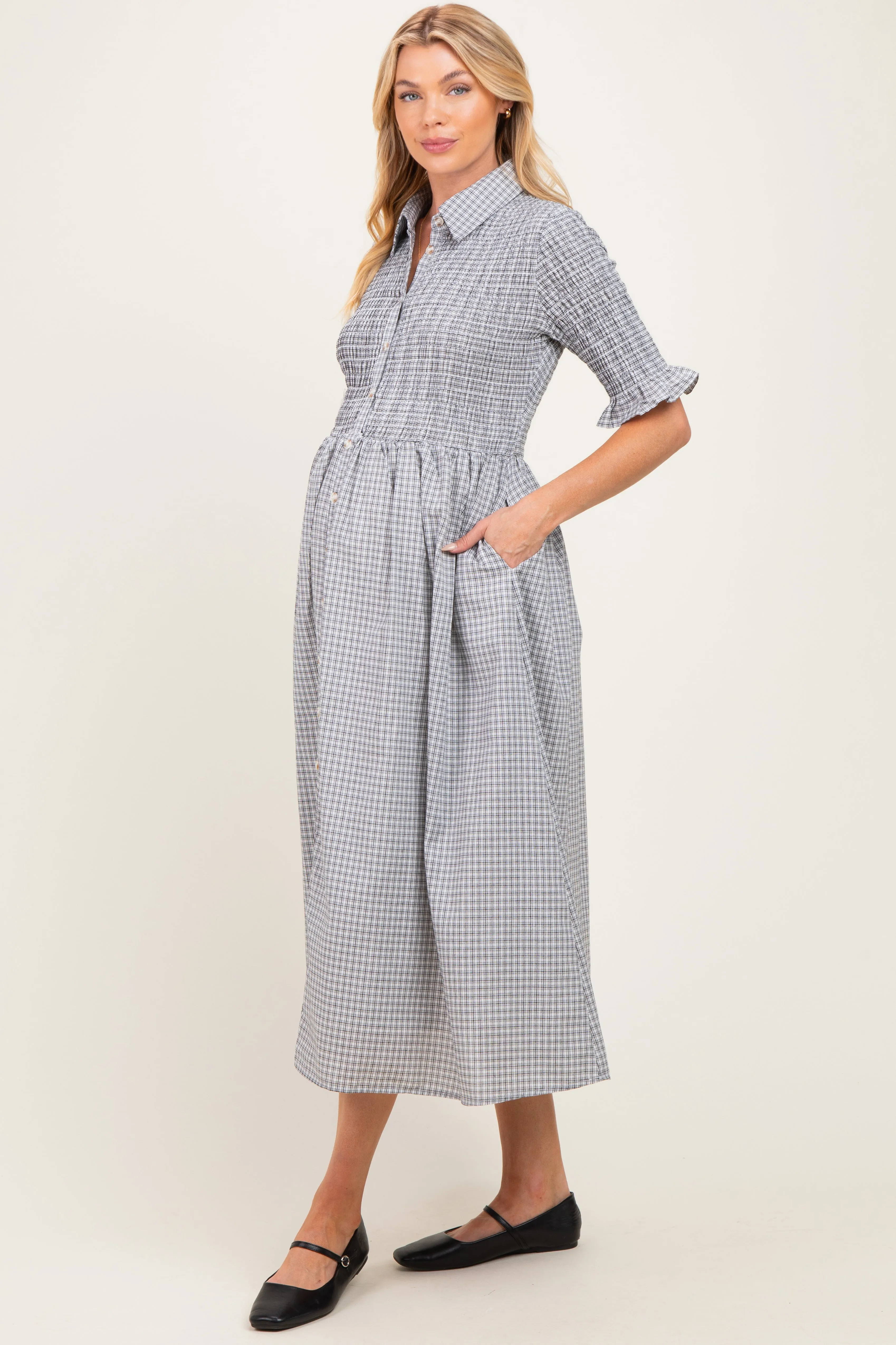 Black Gingham Smocked Button Down Maternity Midi Dress sold by Pinkblush product image thumbnail 2