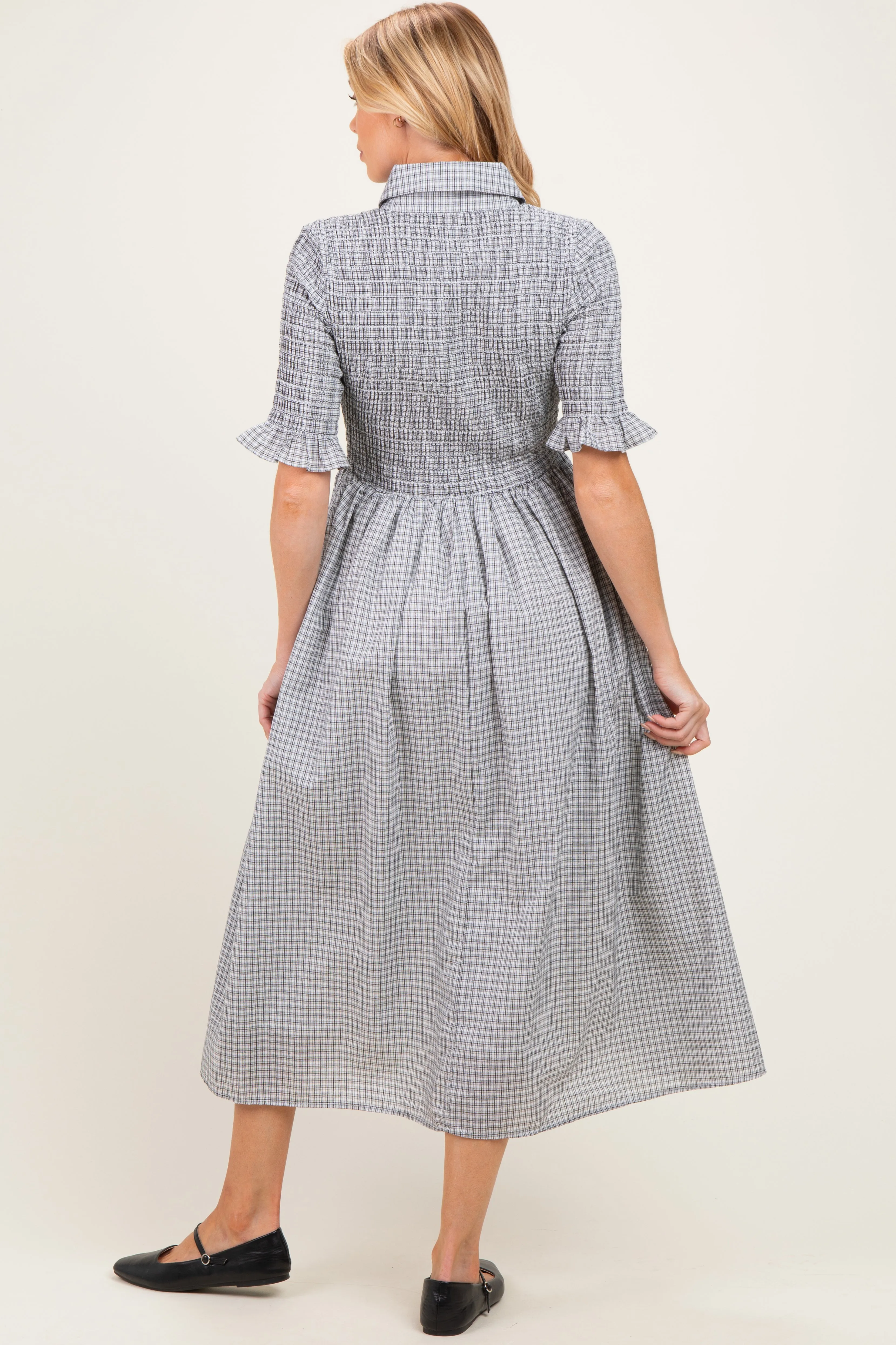 Black Gingham Smocked Button Down Maternity Midi Dress sold by Pinkblush product image thumbnail 3
