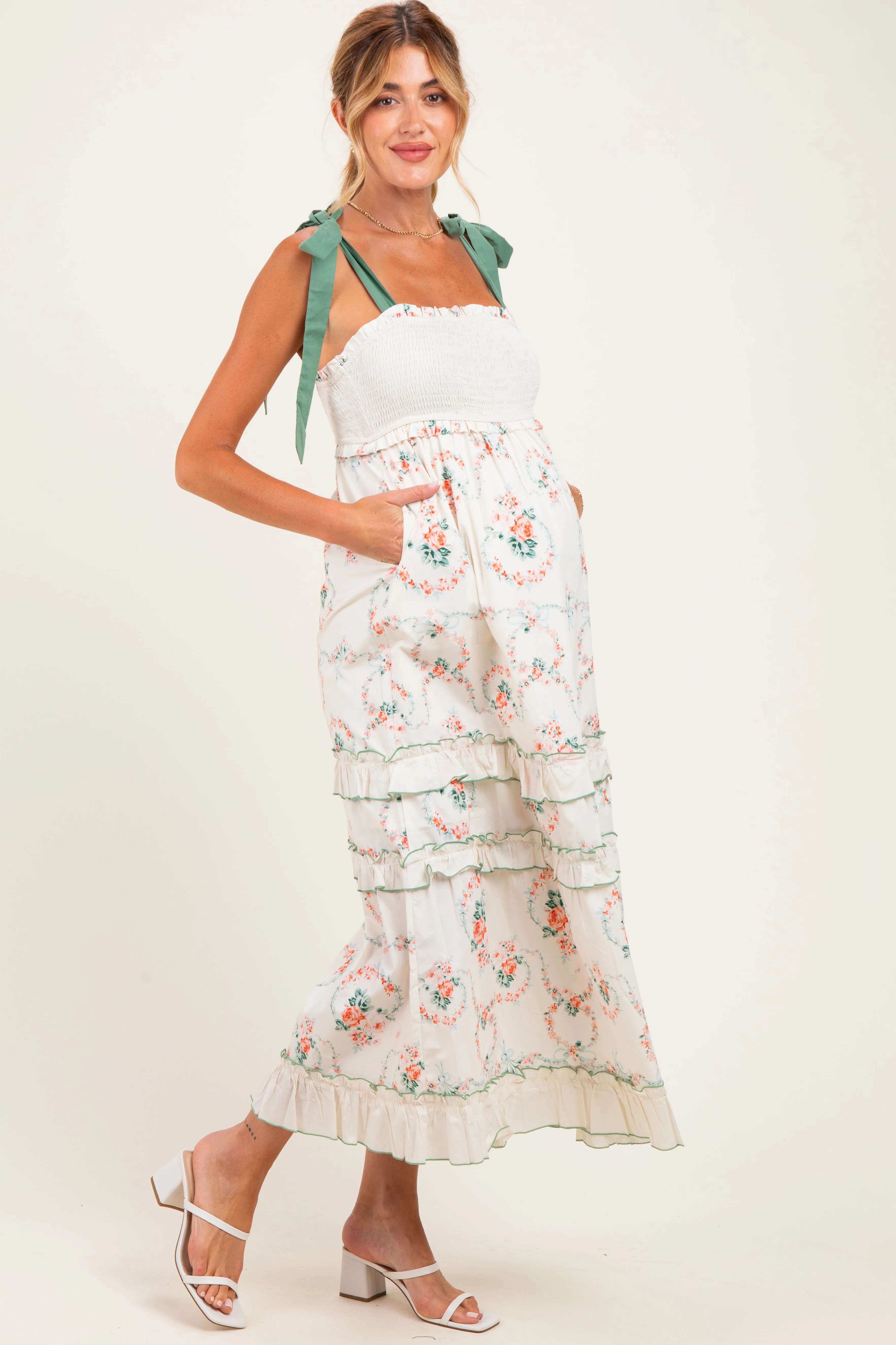 Ivory Floral Smocked Shoulder Tie Tiered Maternity Maxi Dress sold by Pinkblush product image thumbnail 2