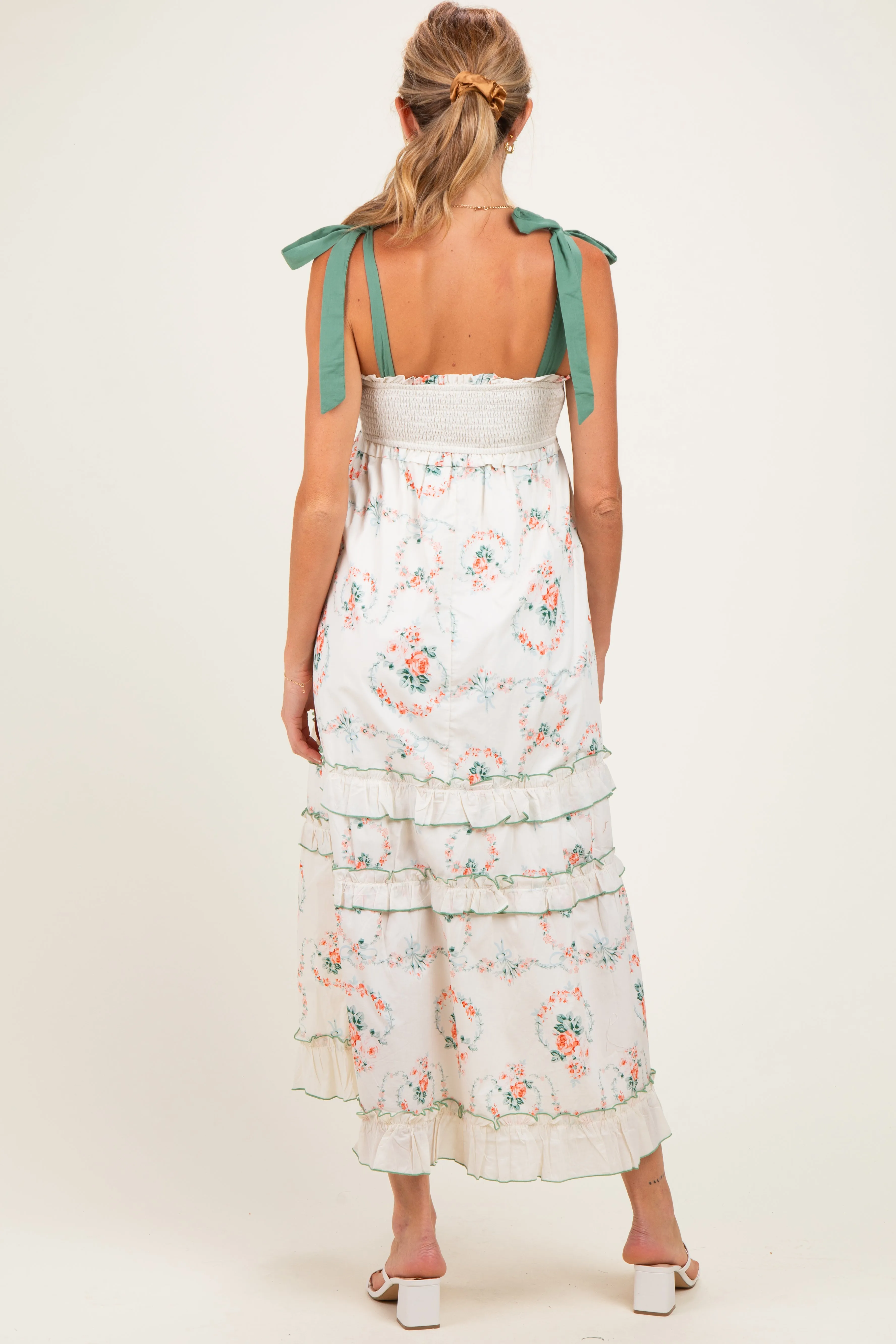 Ivory Floral Smocked Shoulder Tie Tiered Maternity Maxi Dress sold by Pinkblush product image thumbnail 3