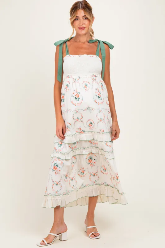 Ivory Floral Smocked Shoulder Tie Tiered Maternity Maxi Dress made by Listicle