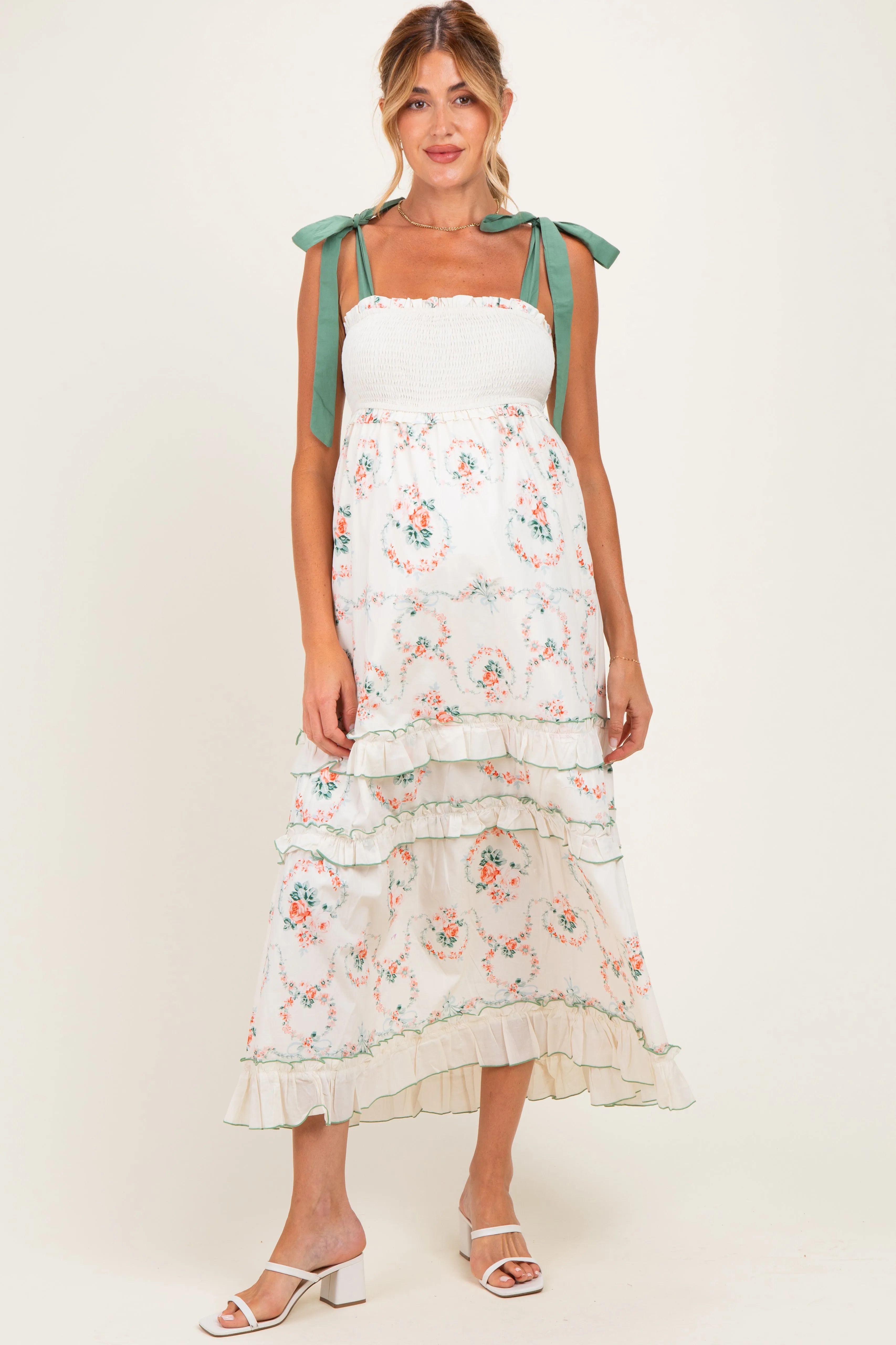 Ivory Floral Smocked Shoulder Tie Tiered Maternity Maxi Dress sold by Pinkblush