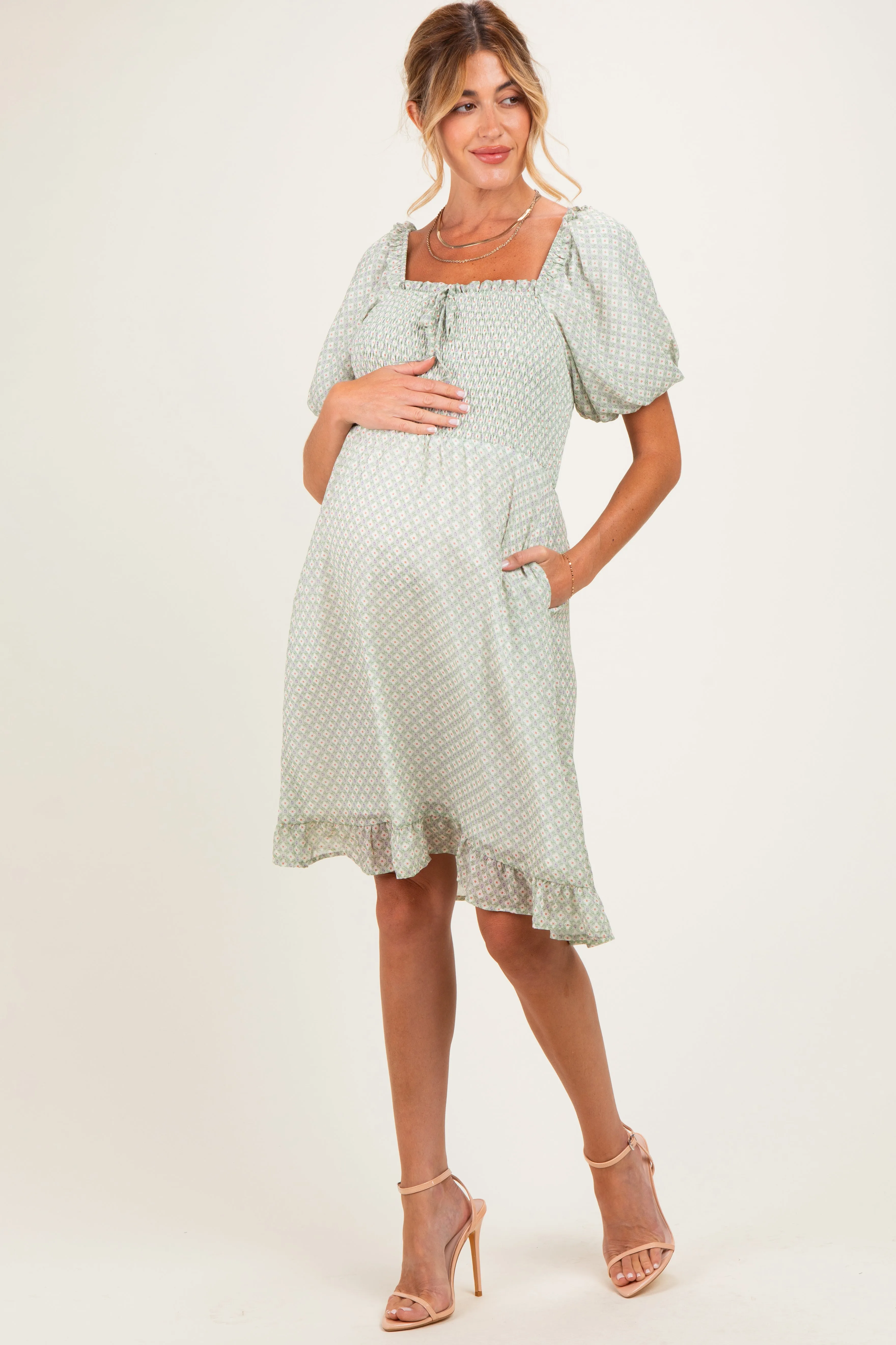 Sage Printed Smocked Ruffle Accent Maternity Dress sold by Pinkblush product image thumbnail 3