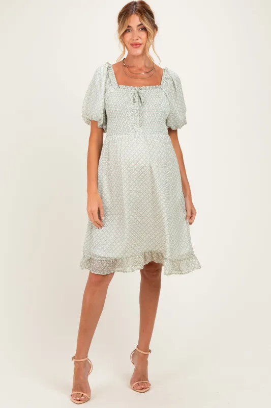 Sage Printed Smocked Ruffle Accent Maternity Dress made by Polagram