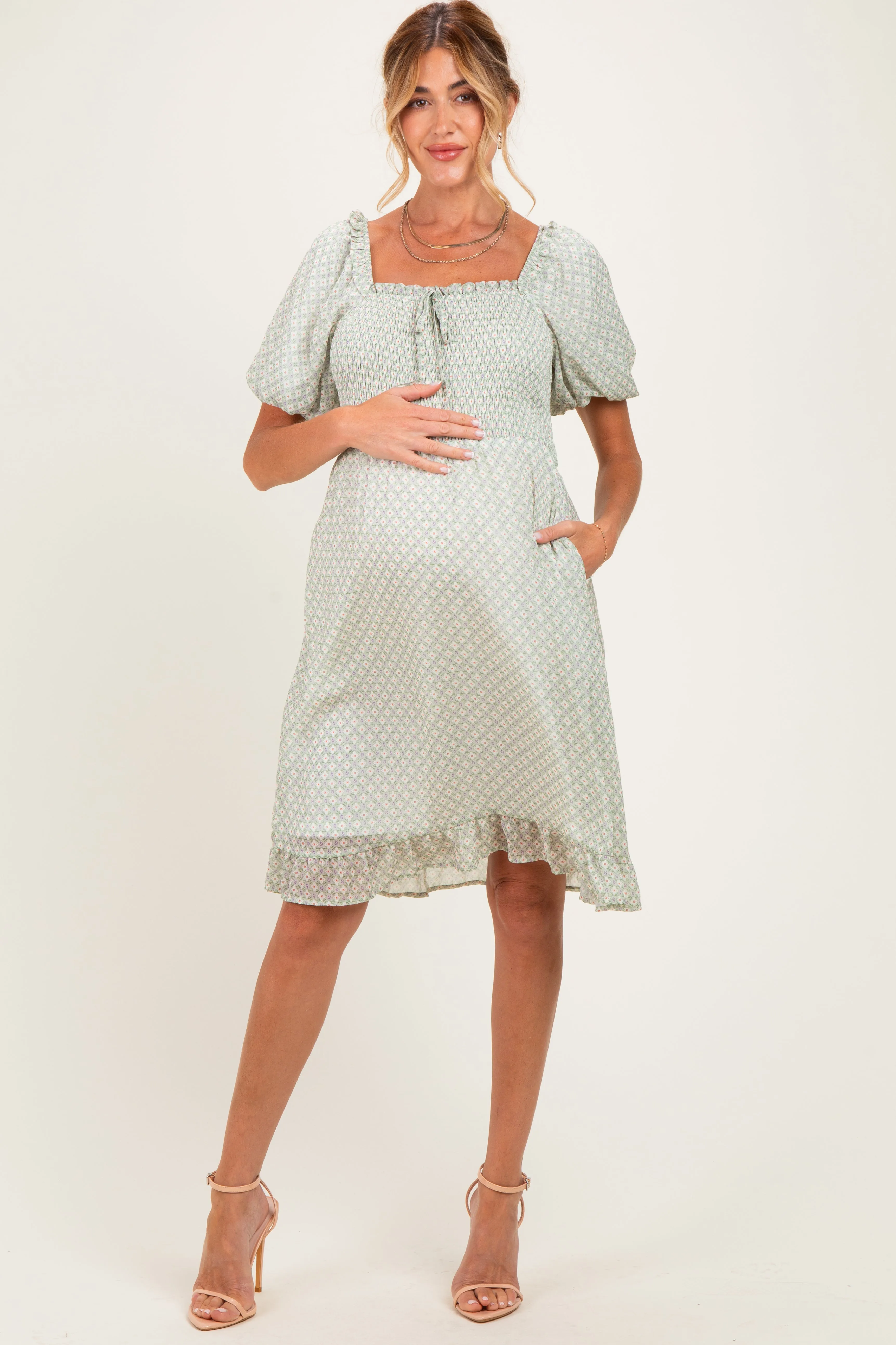 Sage Printed Smocked Ruffle Accent Maternity Dress sold by Pinkblush product image thumbnail 2