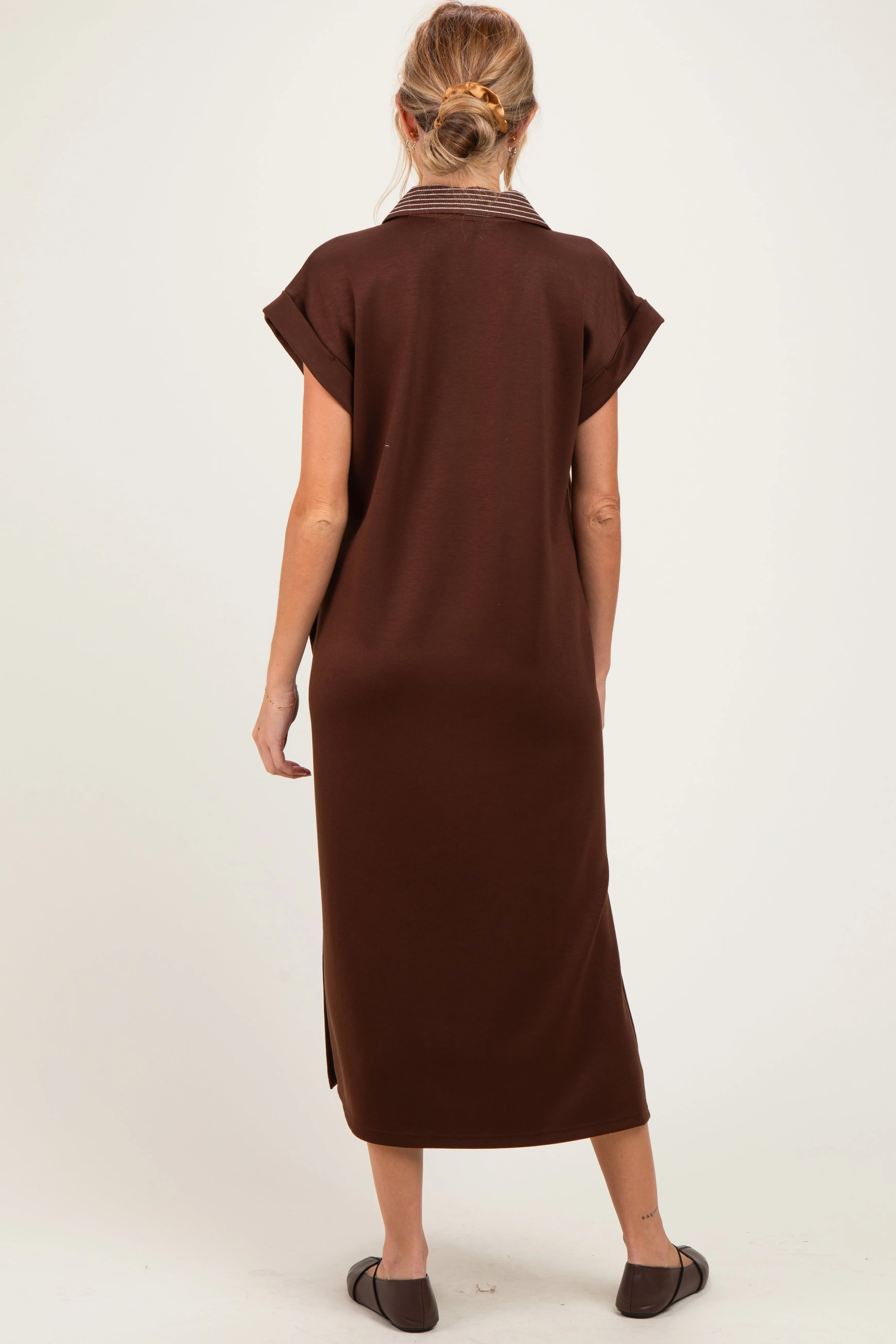 Brown Striped Collared Side Slit Maternity Midi Dress sold by Pinkblush product image thumbnail 3